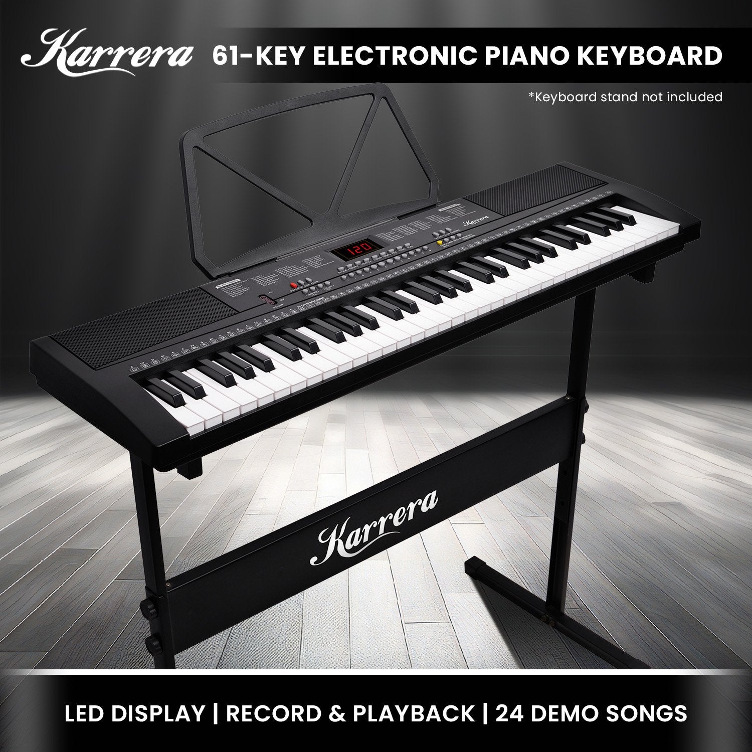 Karrera 61-key Electronic Led Keyboard 75cm Portable Piano In Black With Microphone Input, Headphone Output, 255 Timbres & Rhythms 11