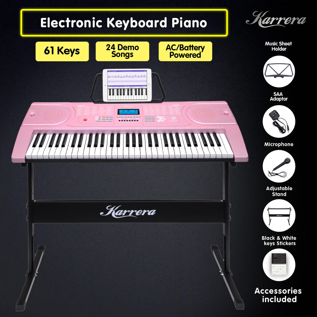 Karrera 61 Keys Electronic Keyboard Piano Music with Stand - Pink 6