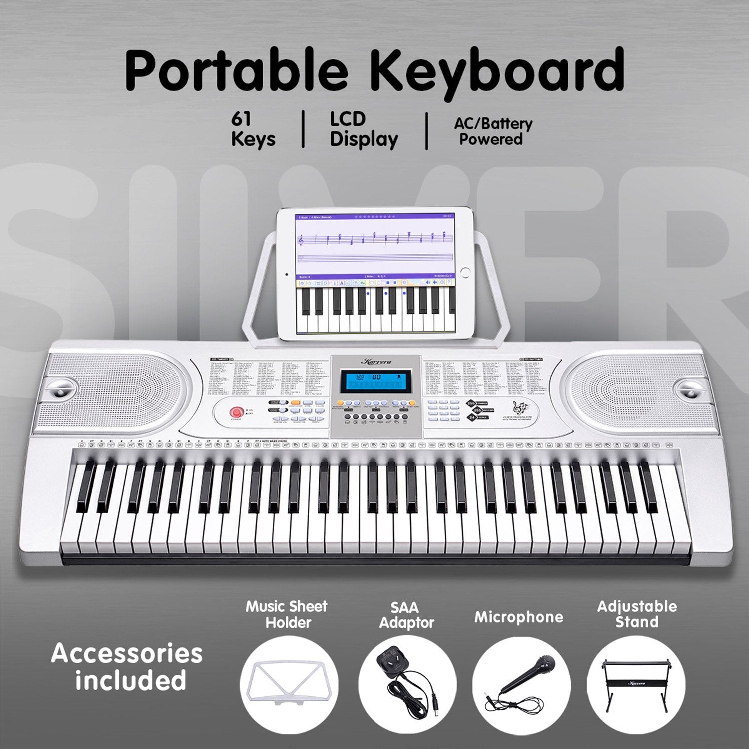 Karrera 61 Keys Electronic Keyboard Teaching Piano with Electric Stand in Silver CHJ-61 12