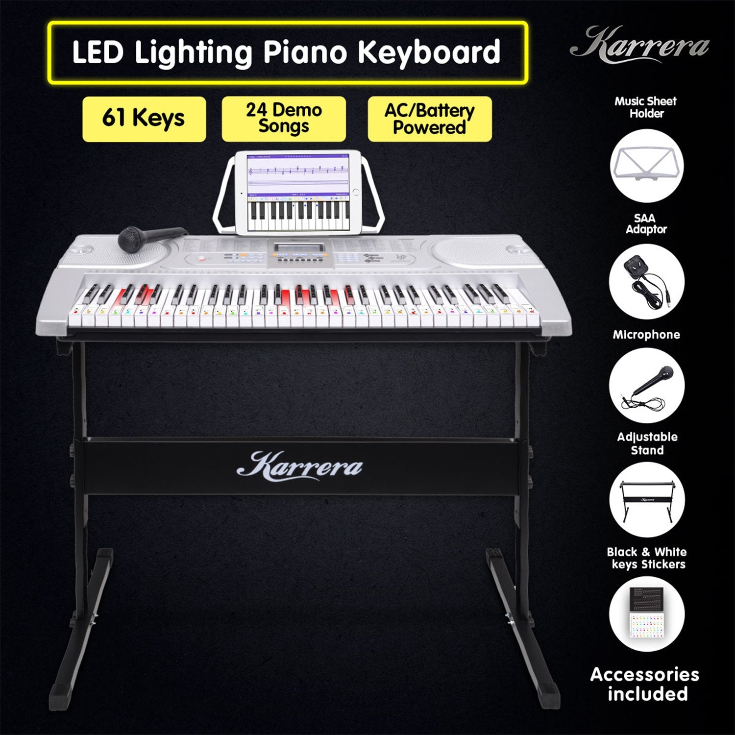 Karrera 61 Keys Electronic LED Keyboard Piano with Stand - Silver 11
