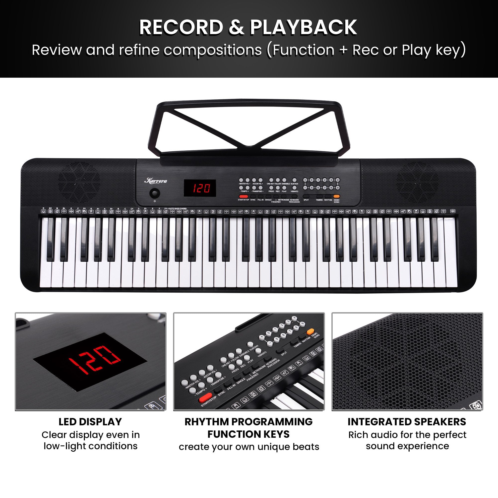 Karrera 61-Key Electronic Piano Keyboard with LED and Folding Stand in Black CHJ-SD1 7