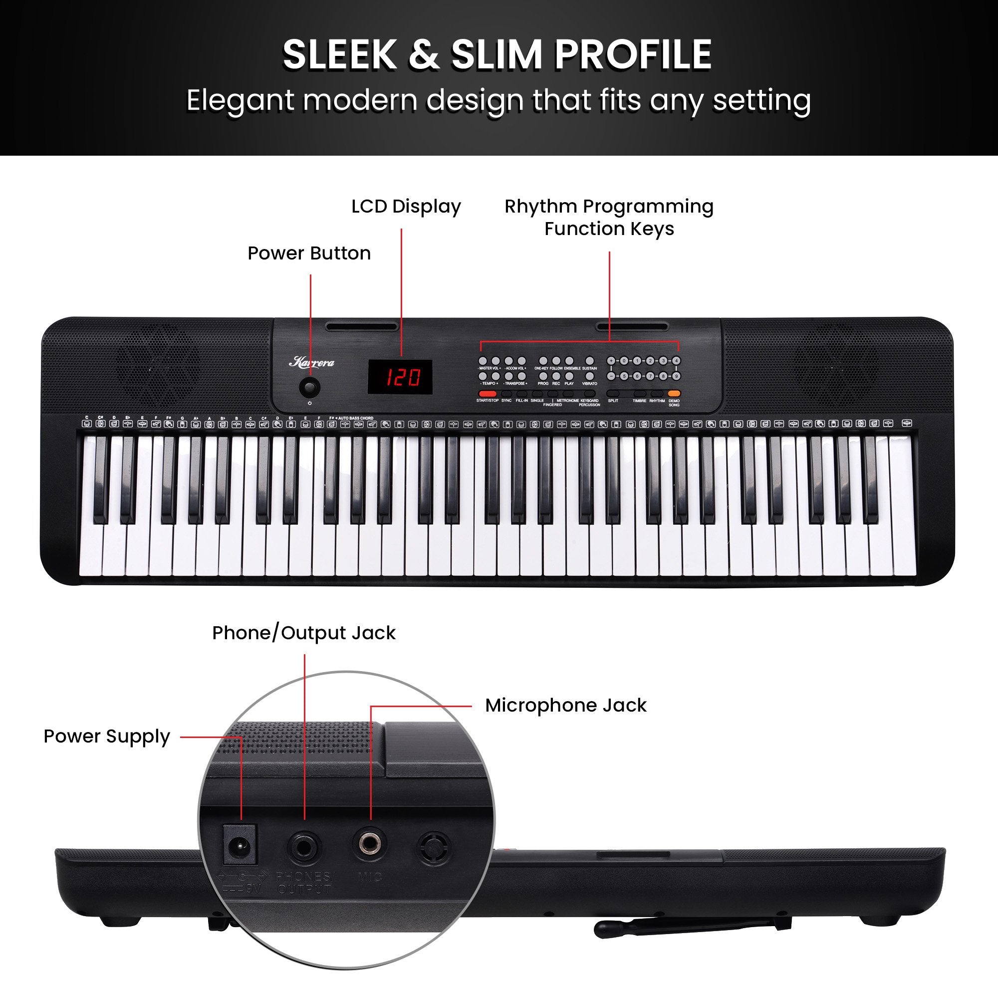 Karrera 61-Key Electronic Piano Keyboard with LED and Folding Stand in Black CHJ-SD1 8