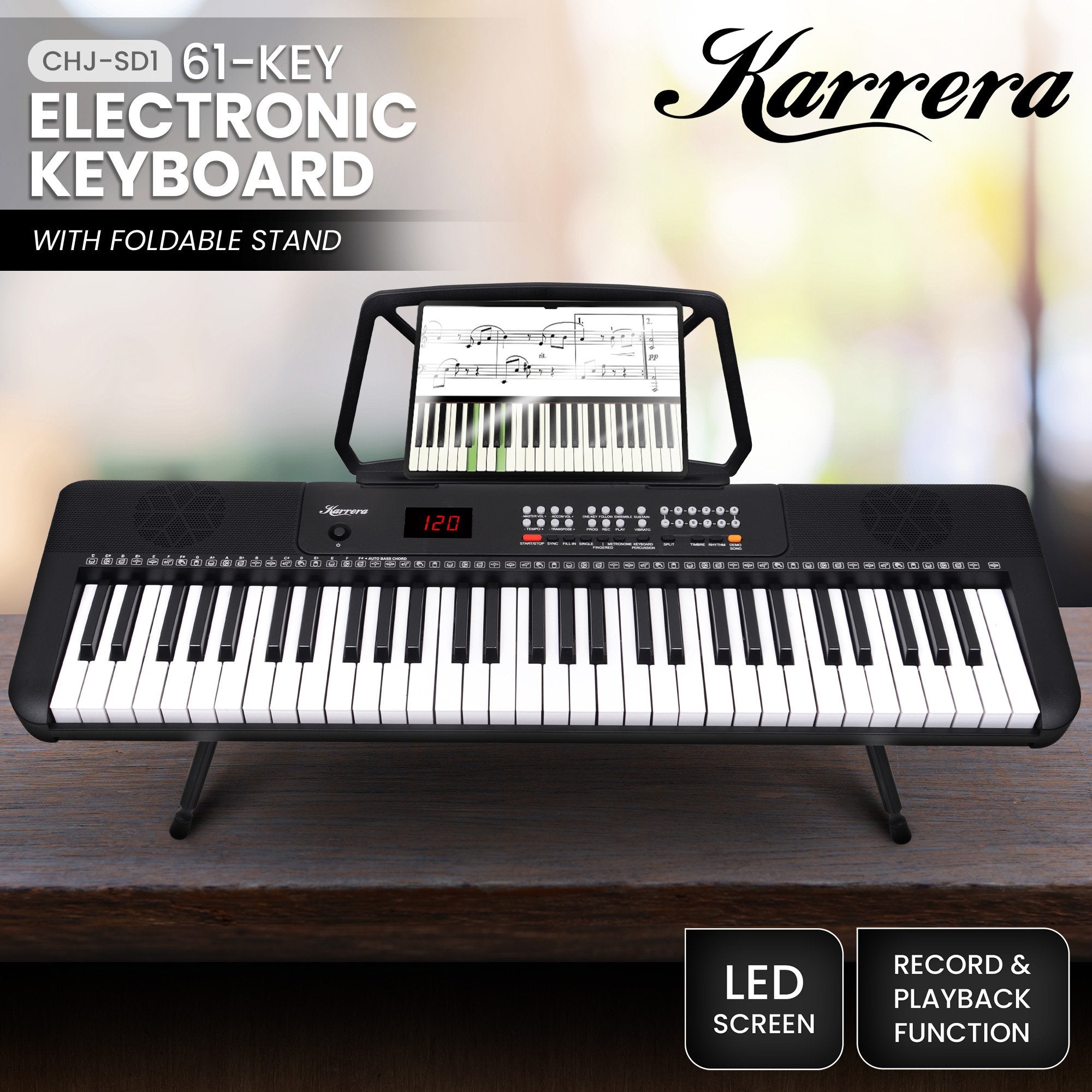 Karrera 61-Key Electronic Piano Keyboard with LED and Folding Stand in Black CHJ-SD1 12