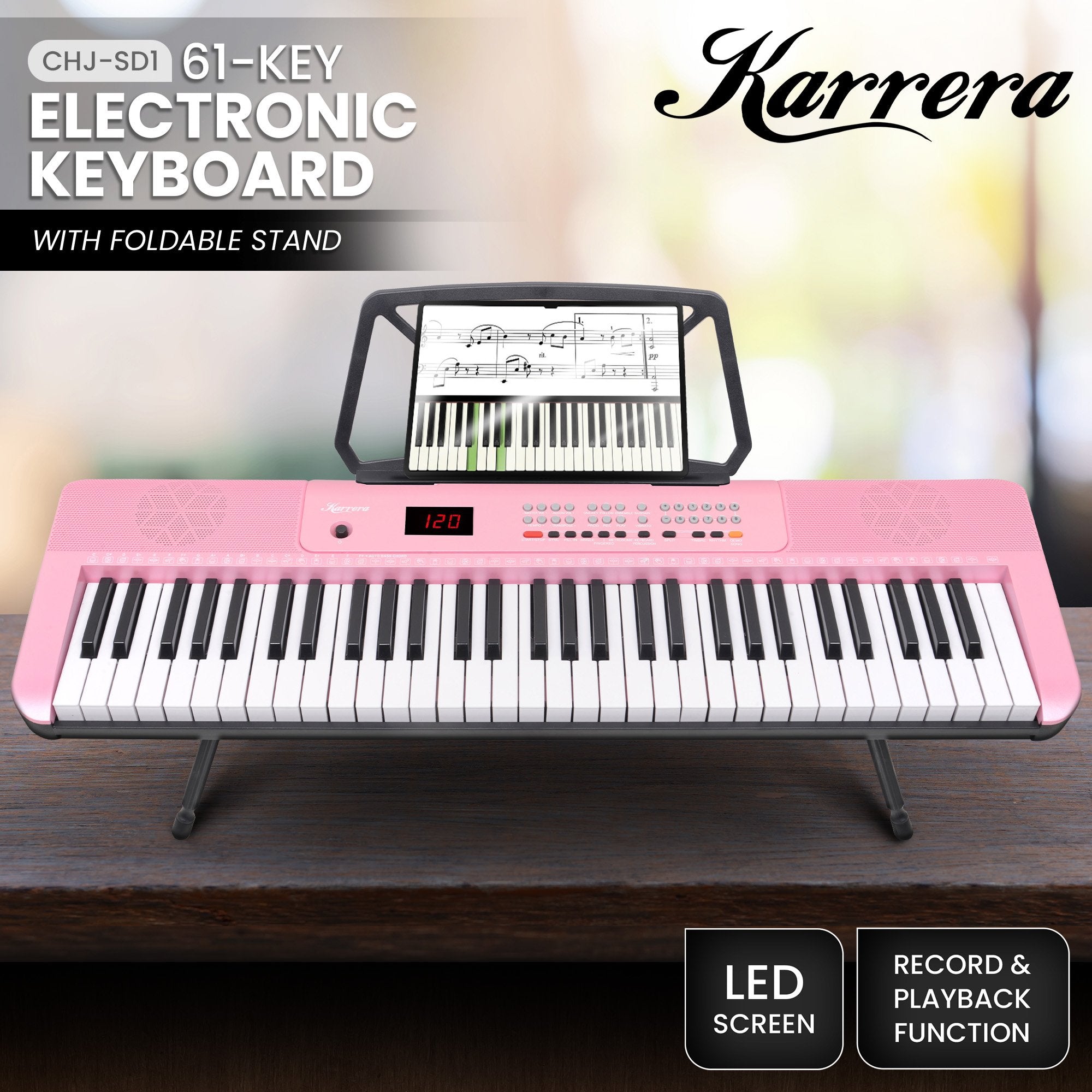 Karrera 61-Key Electronic Piano Keyboard with LED and Folding Stand in Pink CHJ-SD1 9