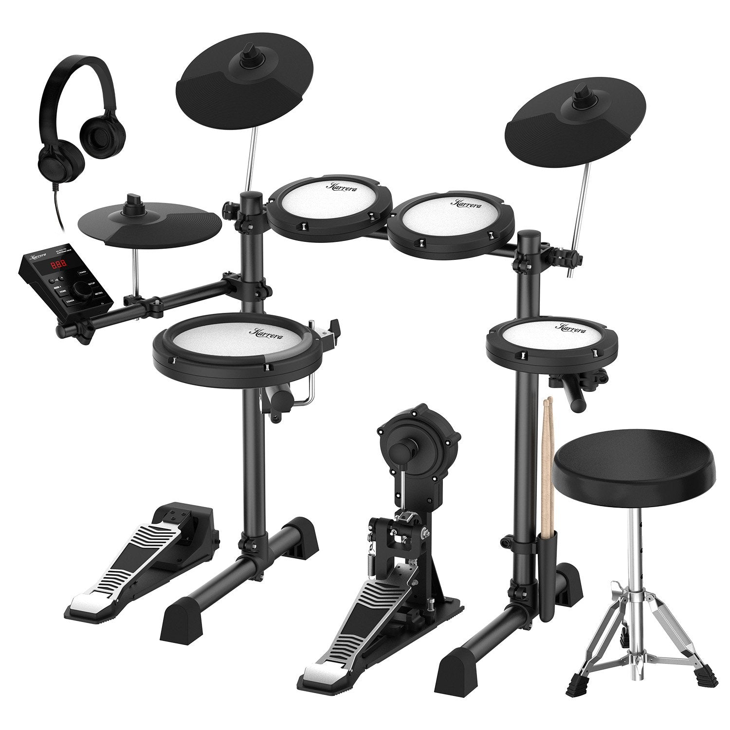 Karrera 18S Electronic Drum Kit Mesh Pads 8in Snare Bluetooth Sounds USB/MIDI Output Kick Pedals Drum Coach & Metronome 4