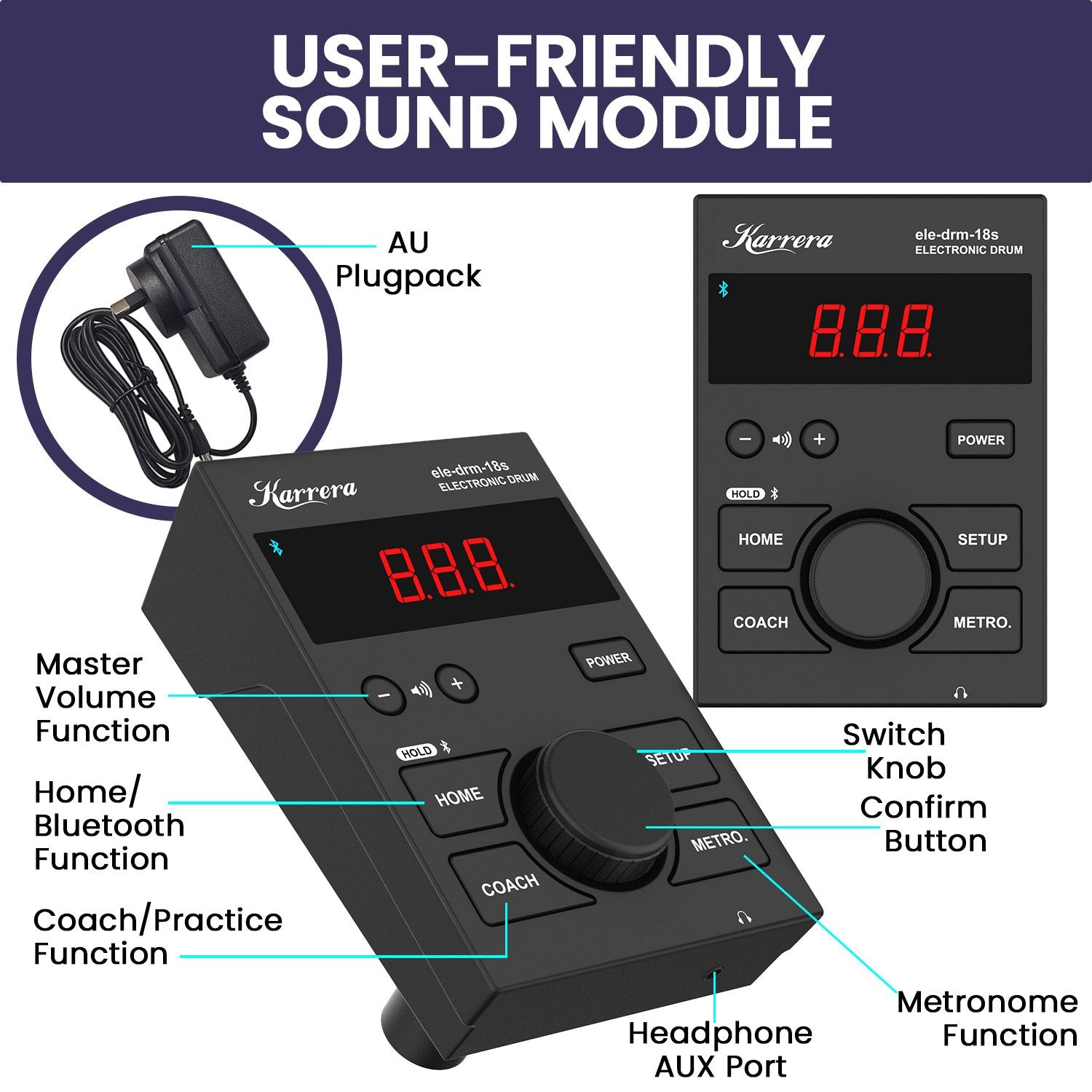 Karrera 18S Electronic Drum Kit Mesh Pads 8in Snare Bluetooth Sounds USB/MIDI Output Kick Pedals Drum Coach & Metronome 6