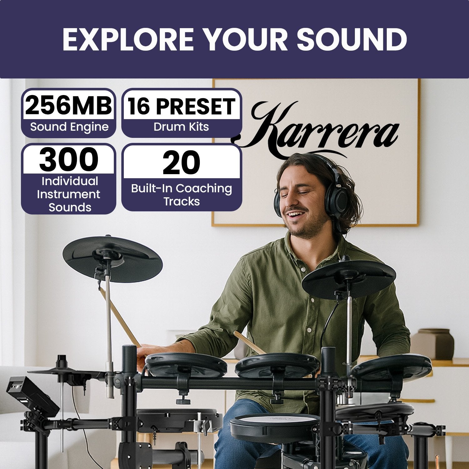 Karrera 18S Electronic Drum Kit Mesh Pads 8in Snare Bluetooth Sounds USB/MIDI Output Kick Pedals Drum Coach & Metronome 7