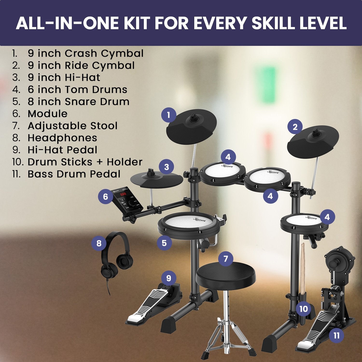Karrera 18S Electronic Drum Kit Mesh Pads 8in Snare Bluetooth Sounds USB/MIDI Output Kick Pedals Drum Coach & Metronome 10