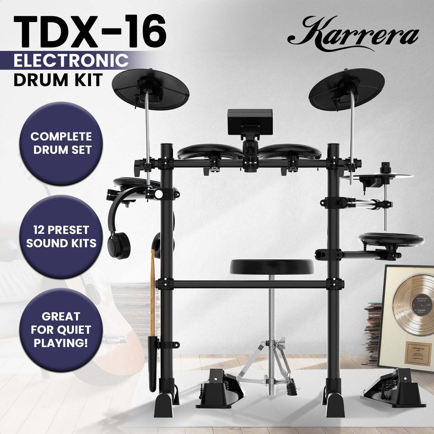Karrera TDX-16 Electronic Drum Kit with LCD, Toms, Snares Quiet Mesh Pads & Pedals, Adjustable Stool, Headphones