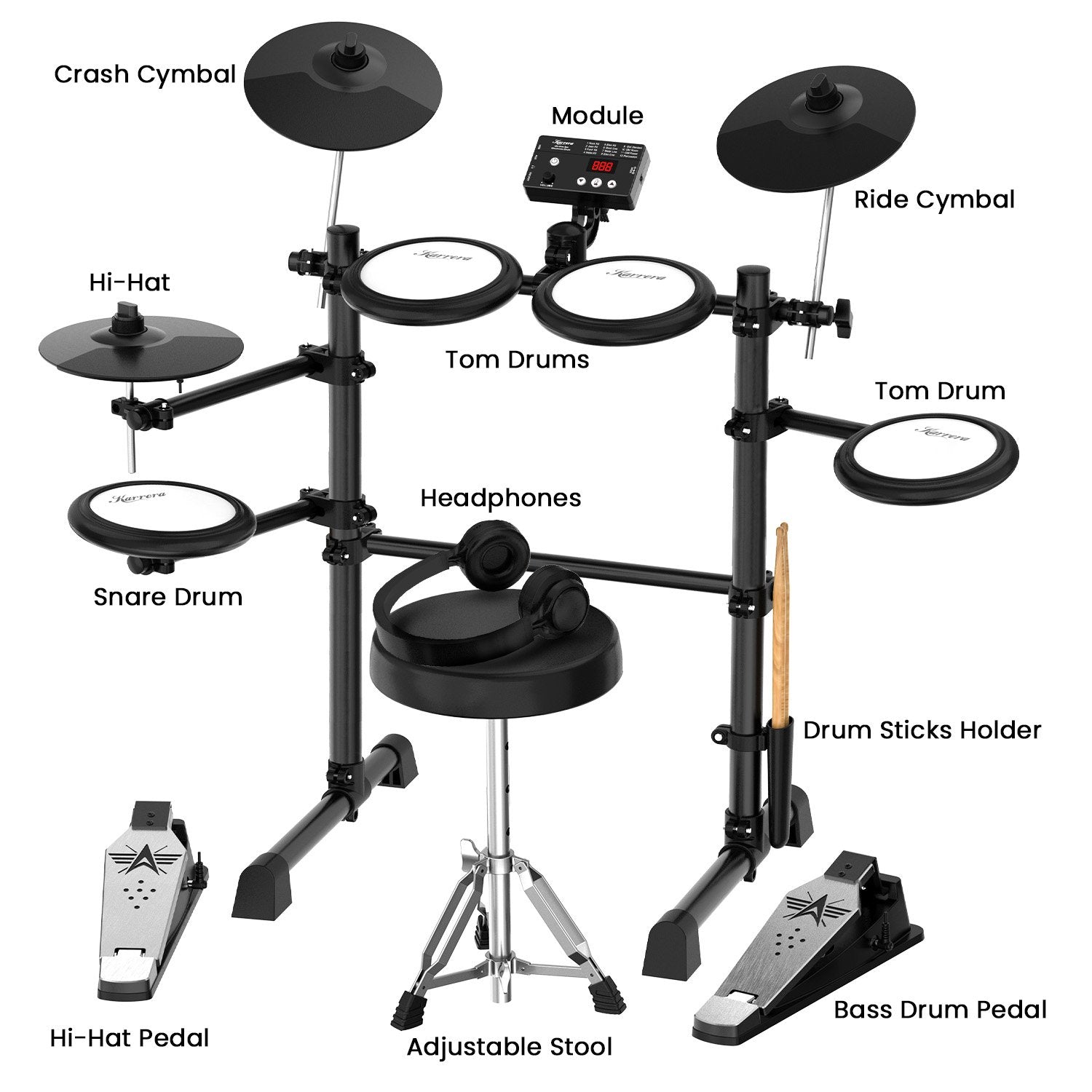 Karrera TDX-16 Electronic Drum Kit with LCD, Toms, Snares Quiet Mesh Pads & Pedals, Adjustable Stool, Headphones 4