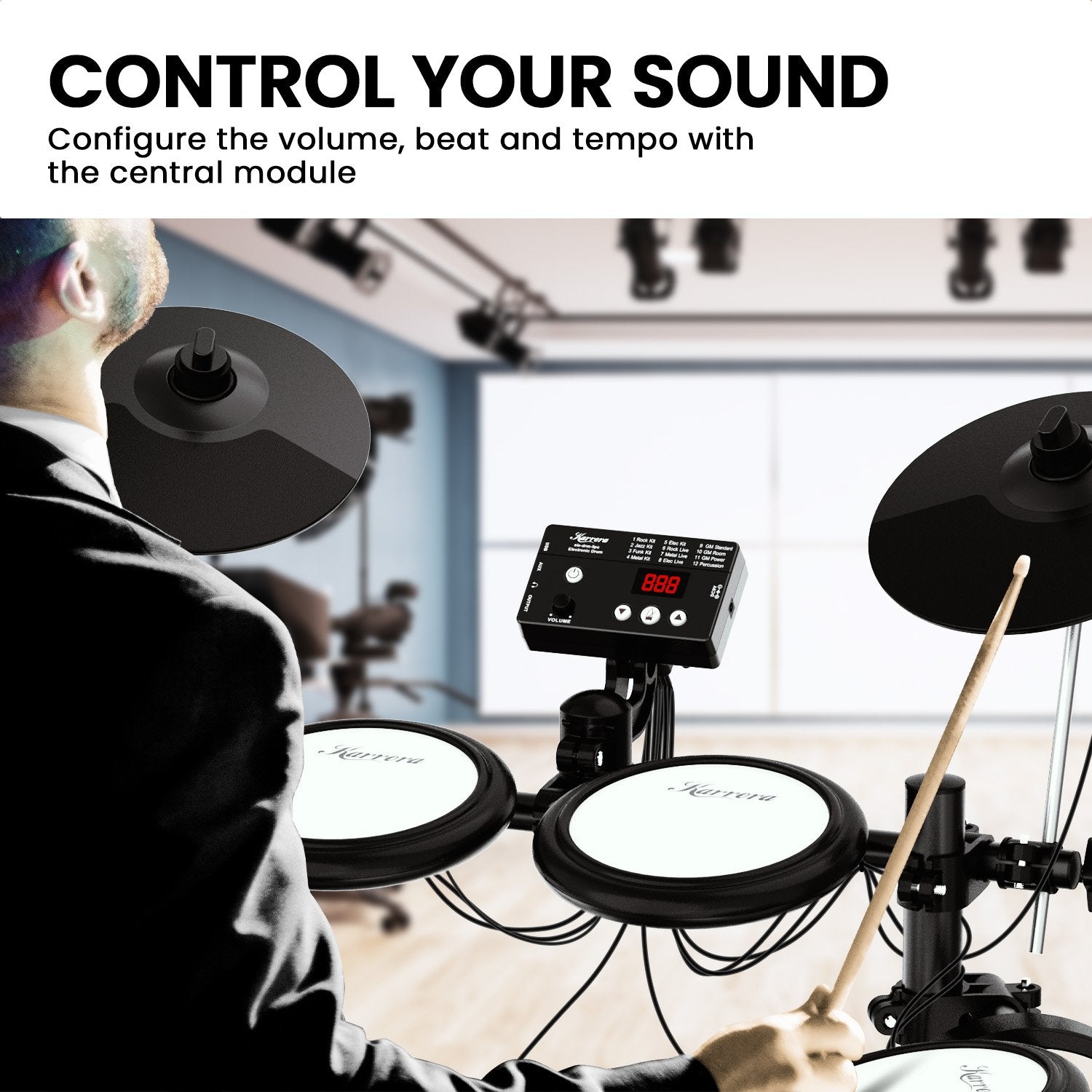 Karrera TDX-16 Electronic Drum Kit with LCD, Toms, Snares Quiet Mesh Pads & Pedals, Adjustable Stool, Headphones 9