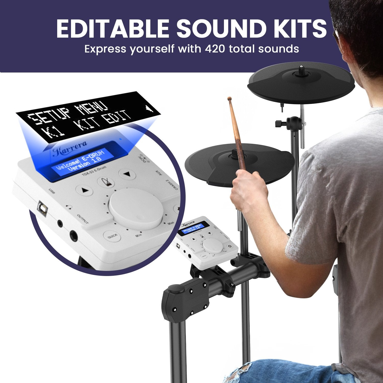 Karrera X23 Electronic Drum Kit with Sound Module, 3 Toms, Snare Quiet Mesh Drum Heads, Cymbals & Pedal 6