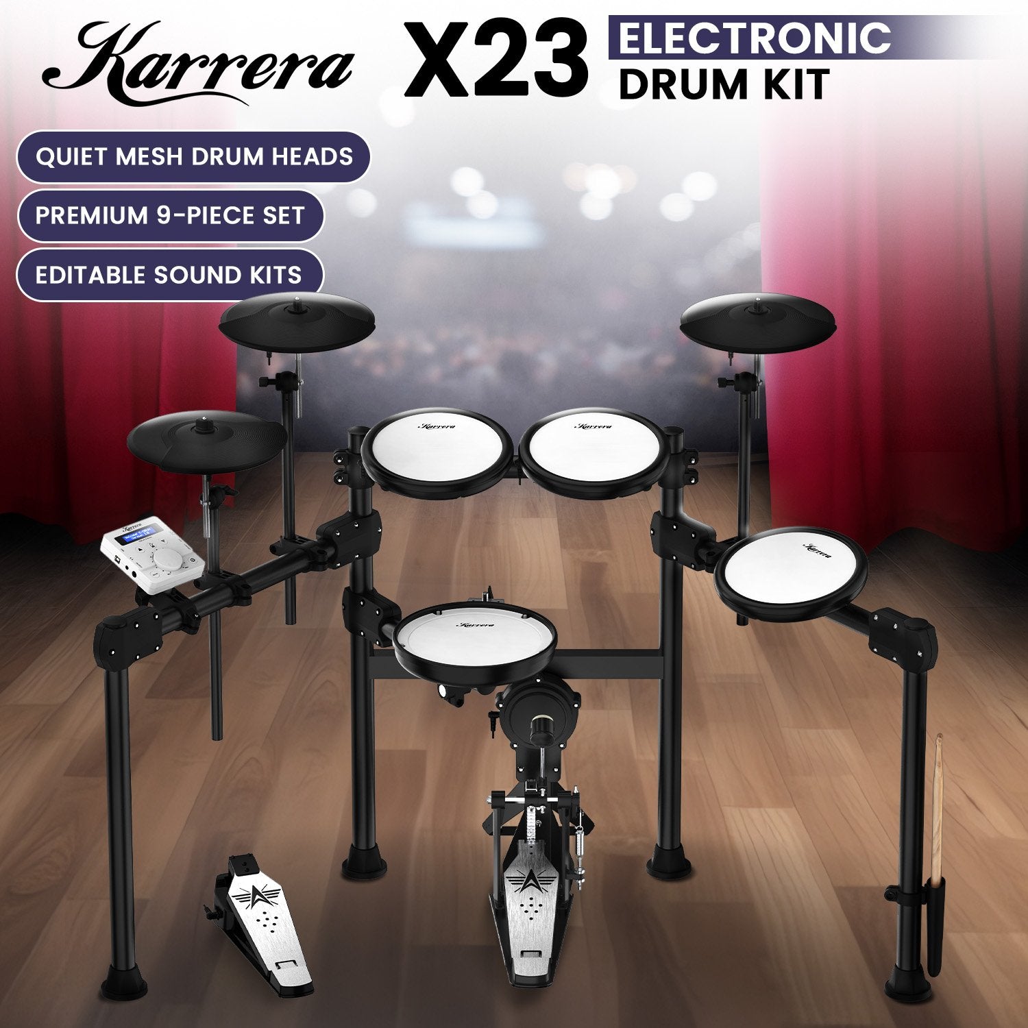 Karrera X23 Electronic Drum Kit with Sound Module, 3 Toms, Snare Quiet Mesh Drum Heads, Cymbals & Pedal 8