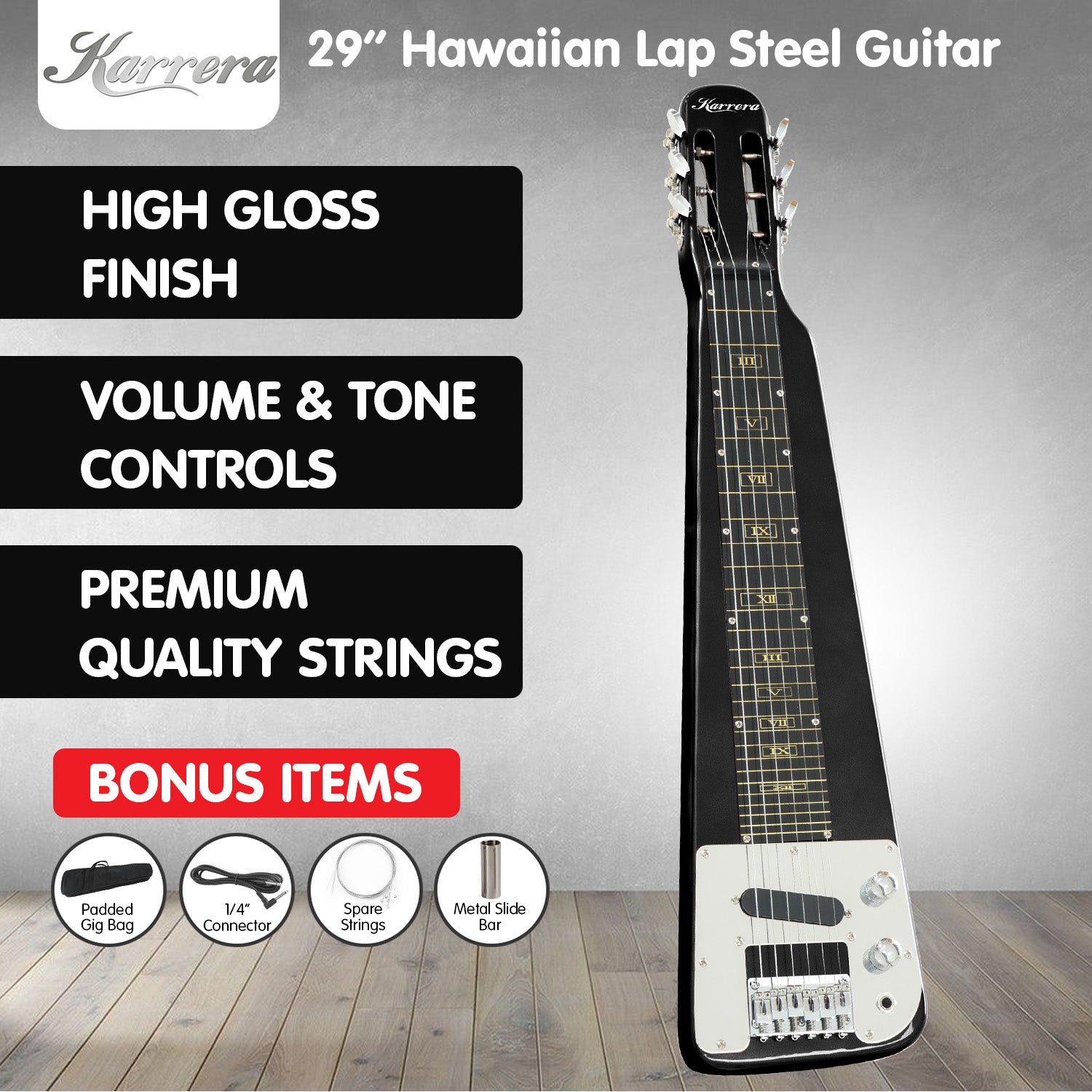 Karrera 29in 6-String Lap Steel Hawaiian Guitar - Black 10