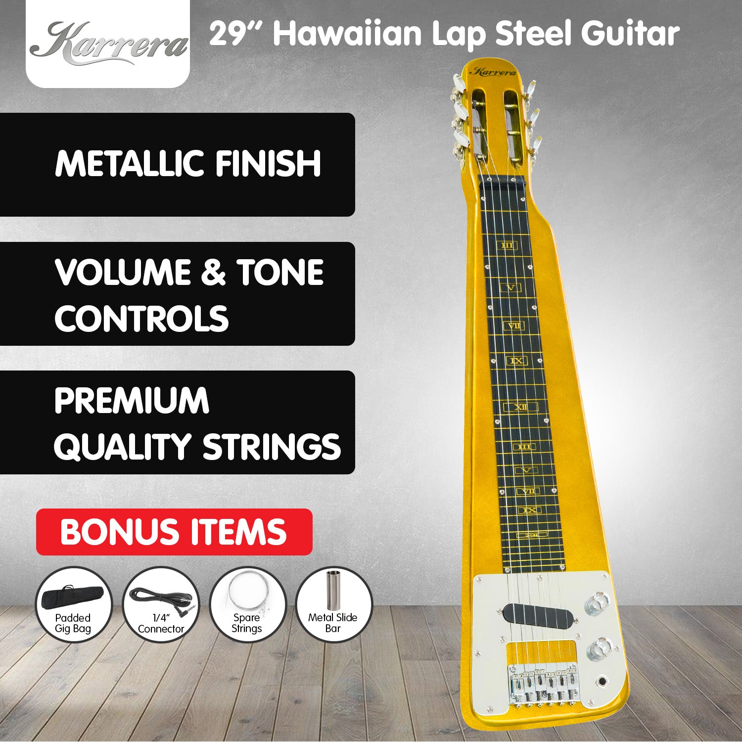 Karrera 29in 6-String Lap Steel Hawaiian Guitar - Metallic Gold 12