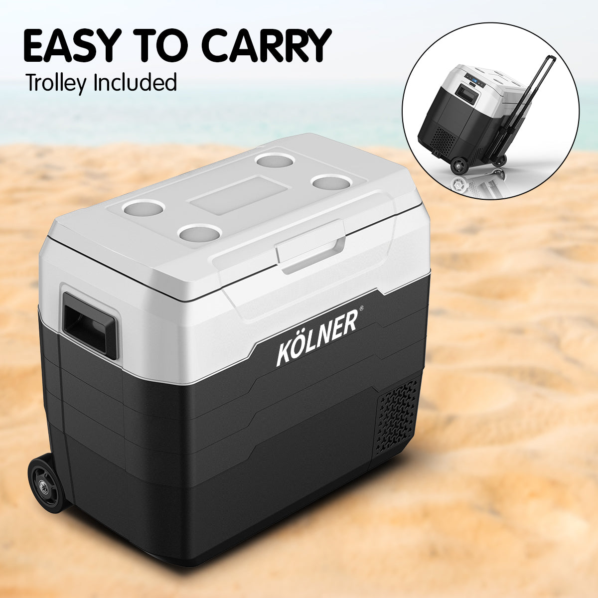 Kolner 50l Fridge Freezer Cooler 12/24/240v Camping Portable Refrigerator With Trolley - Black 12