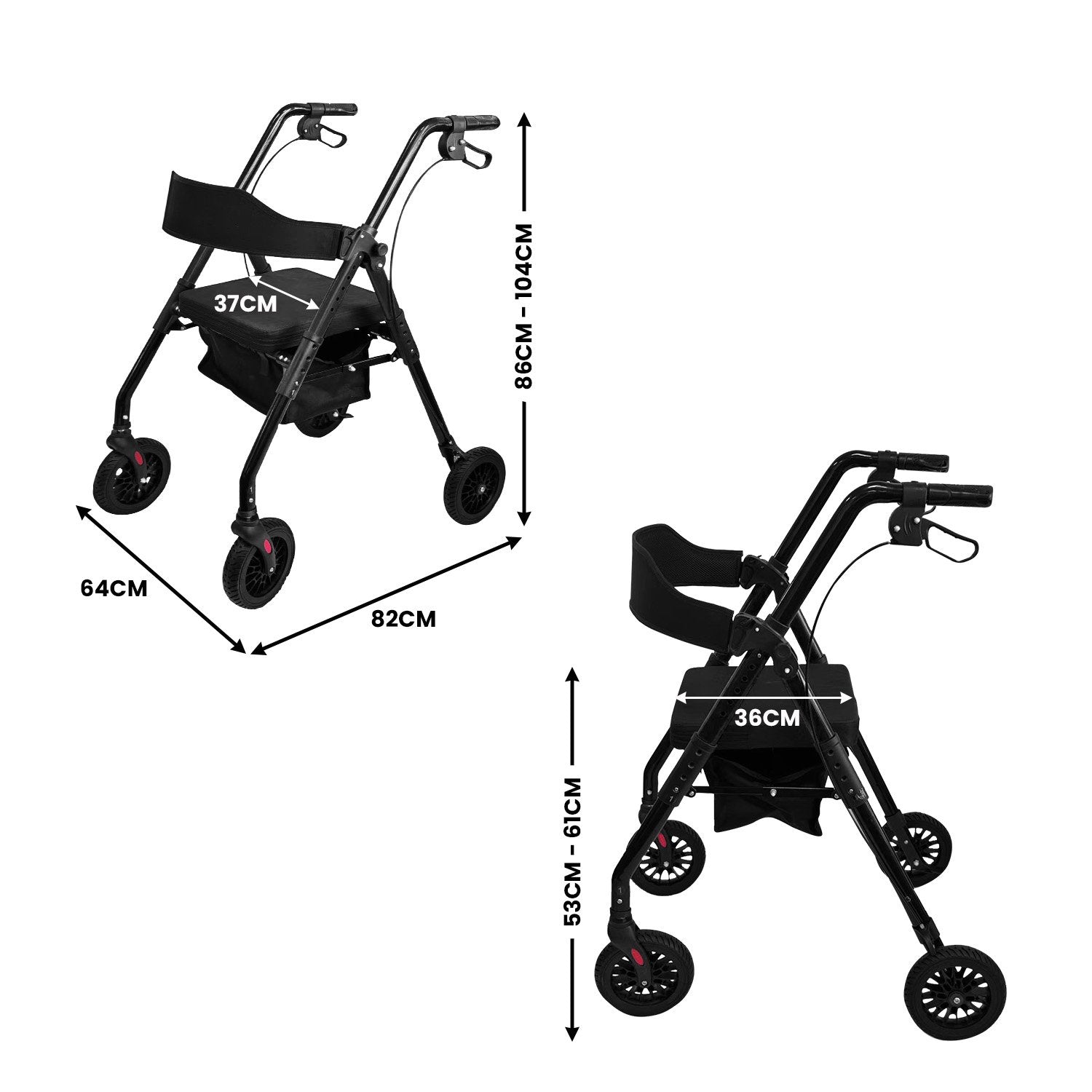 Orthonica Foldable Mobility Steel Rollator 136kg Max Capacity Black 3
