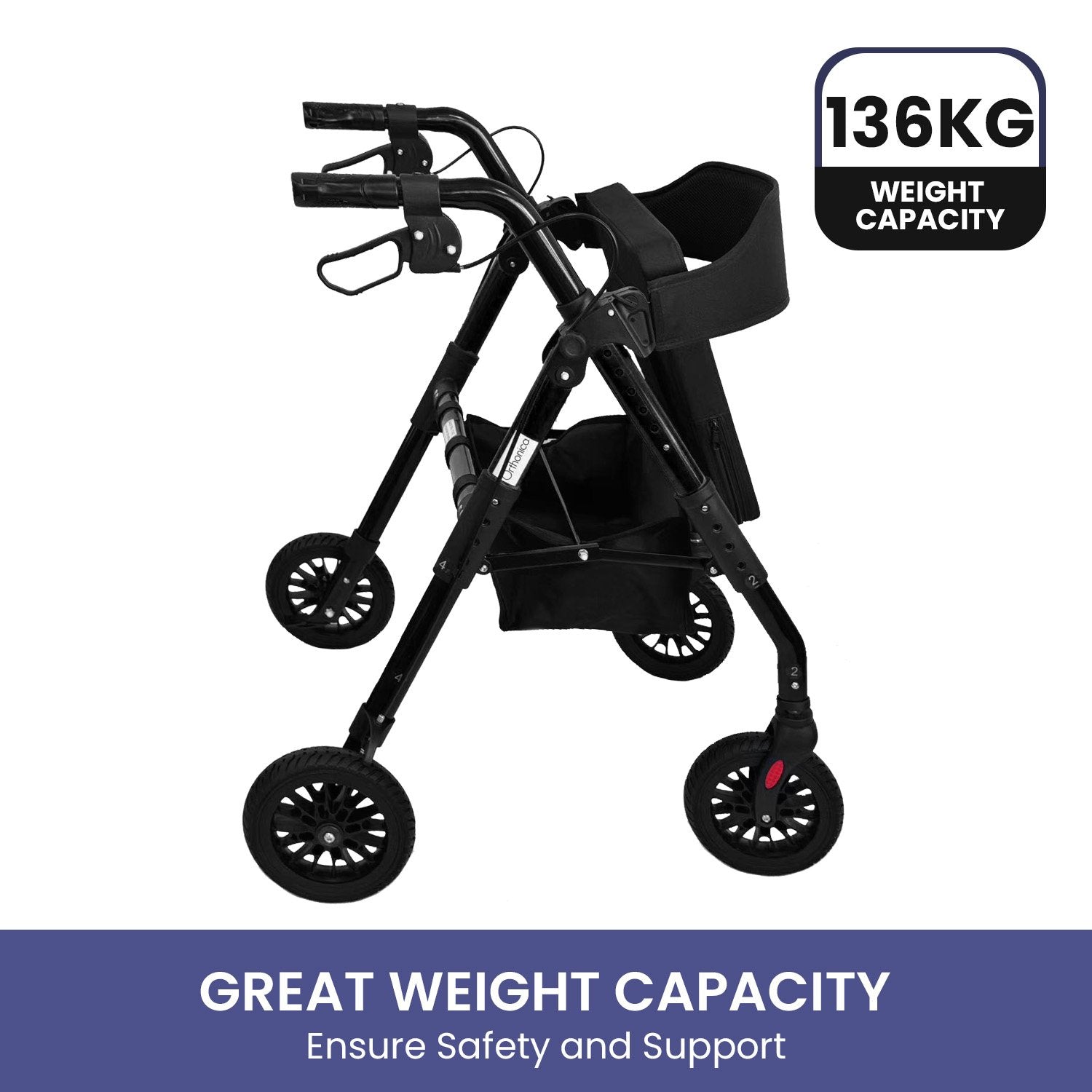 Orthonica Foldable Mobility Steel Rollator 136kg Max Capacity Black 9