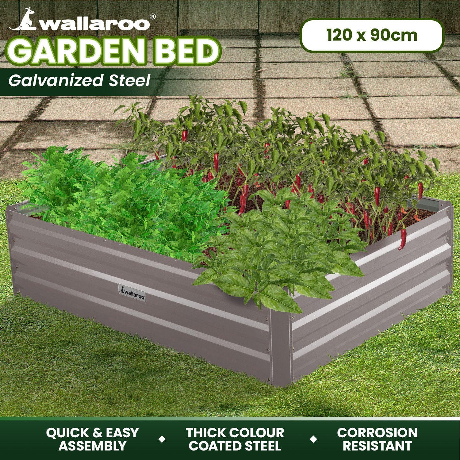 Wallaroo Garden Bed 120 x 90 x 30cm Galvanized Steel - Grey 9