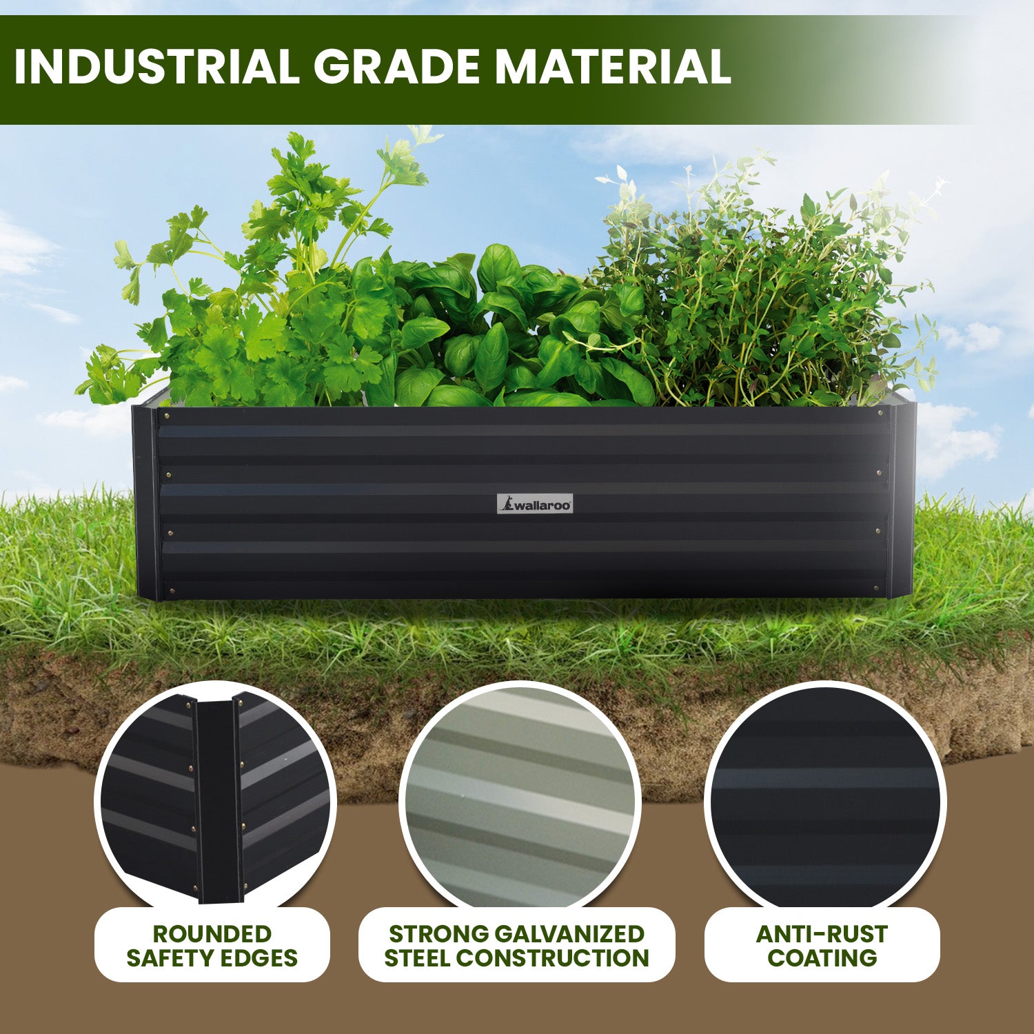 Wallaroo 150 x 90 x 30cm Galvanized Steel Garden Bed - Black 6