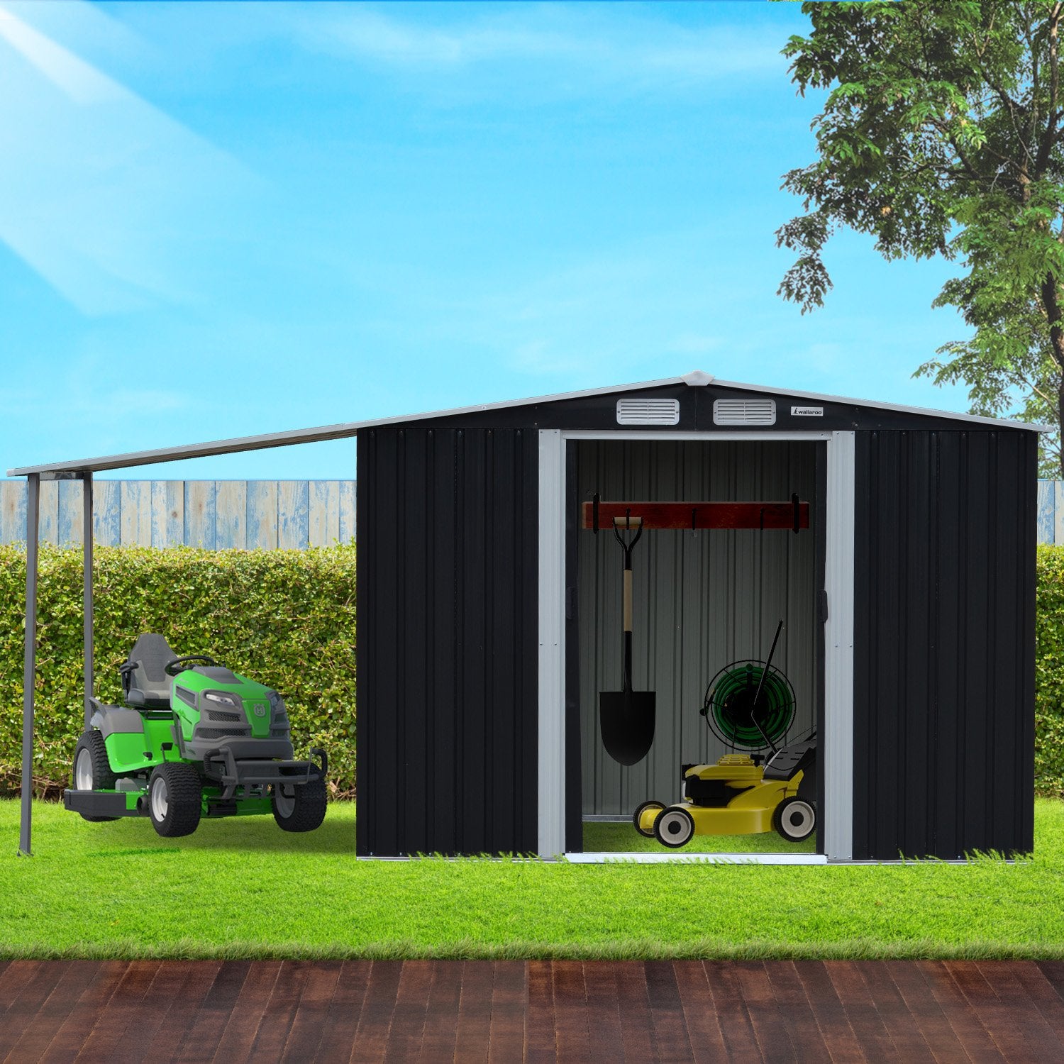 Wallaroo 10x8ft Zinc Steel Garden Shed with Open Storage - Black 10