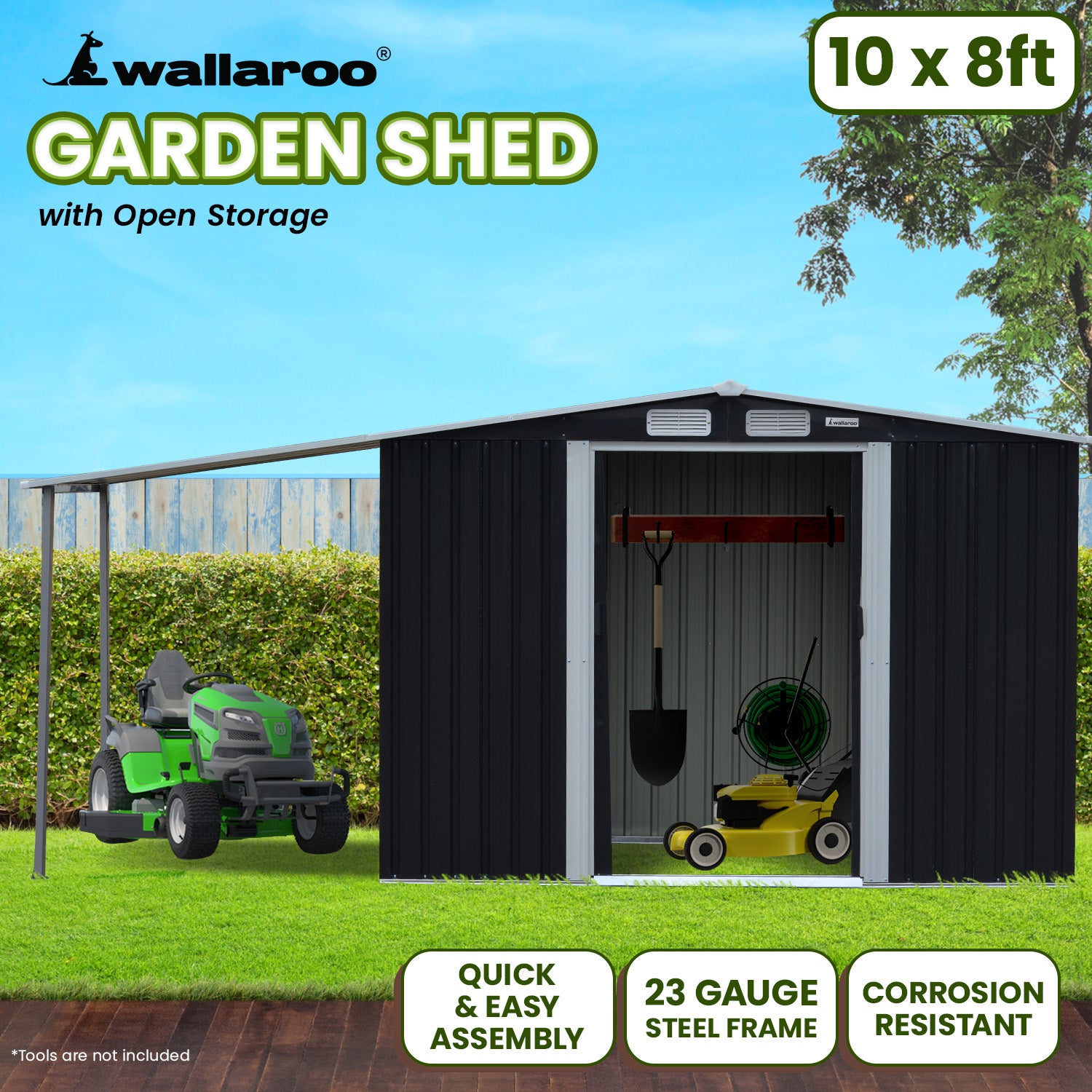 Wallaroo 10x8ft Zinc Steel Garden Shed with Open Storage - Black 11