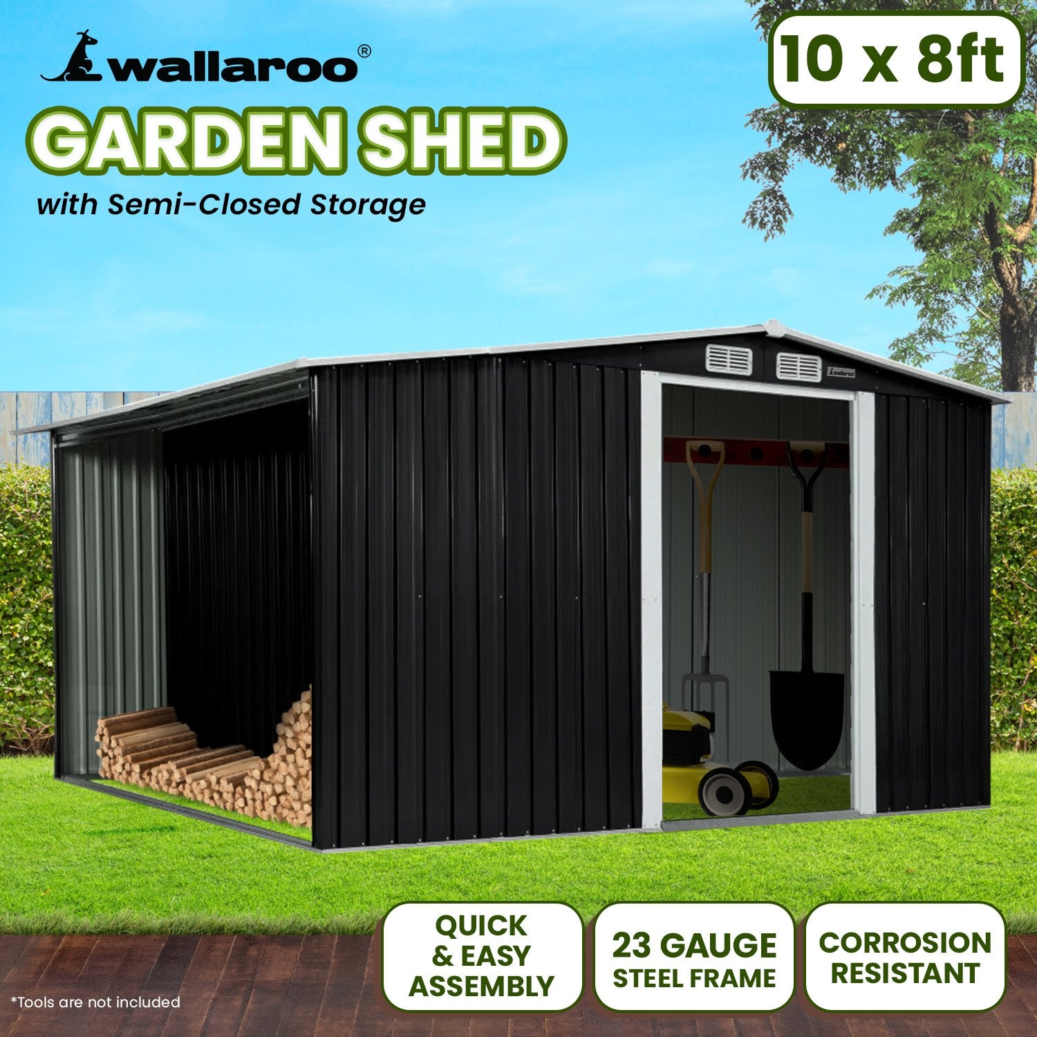 Wallaroo Garden Shed with Semi-Closed Storage 10*8FT - Black 10
