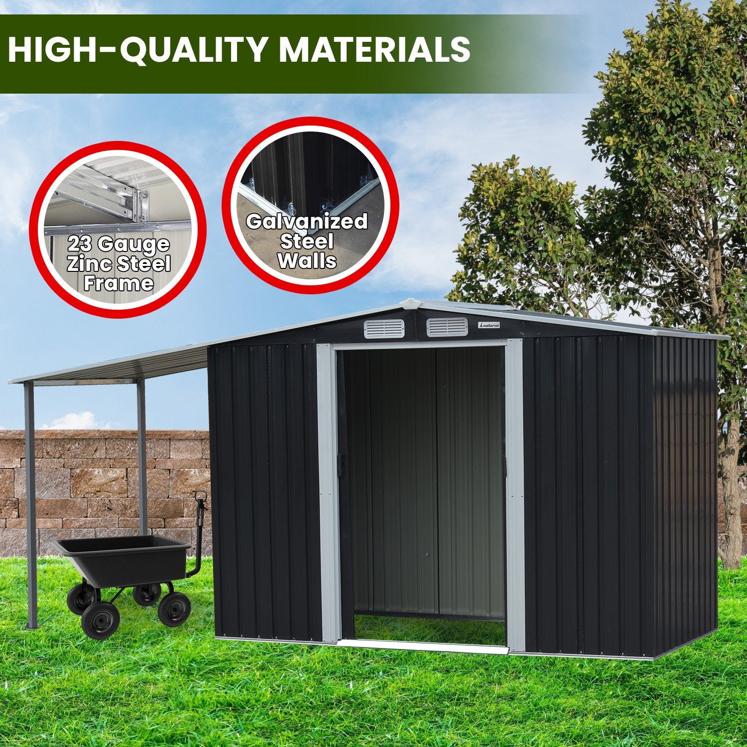 Wallaroo 4x8ft Zinc Steel Garden Shed with Open Storage - Black 8