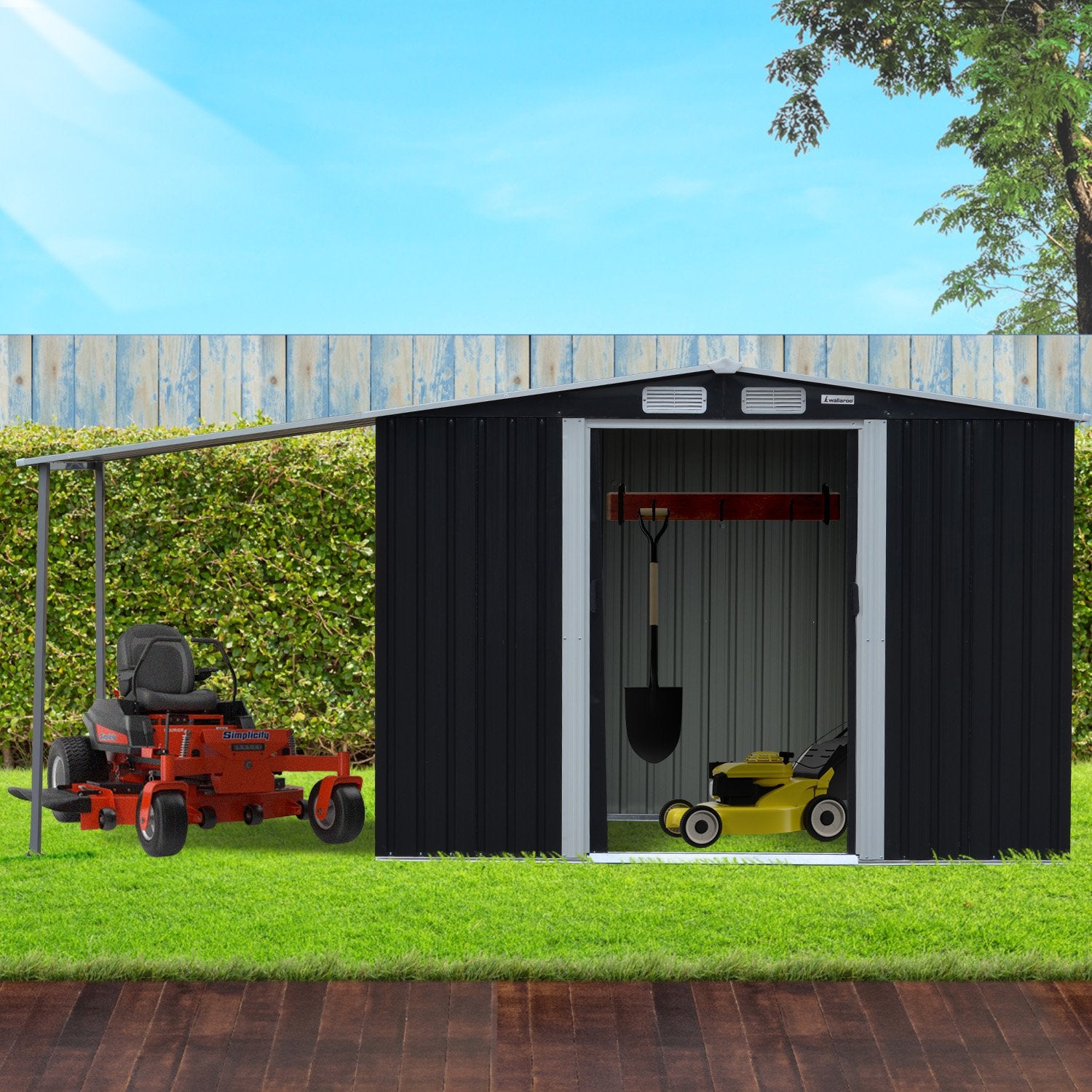 Wallaroo 4x8ft Zinc Steel Garden Shed with Open Storage - Black 10