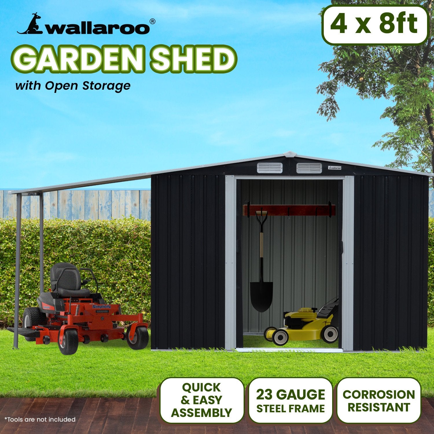Wallaroo 4x8ft Zinc Steel Garden Shed with Open Storage - Black 11