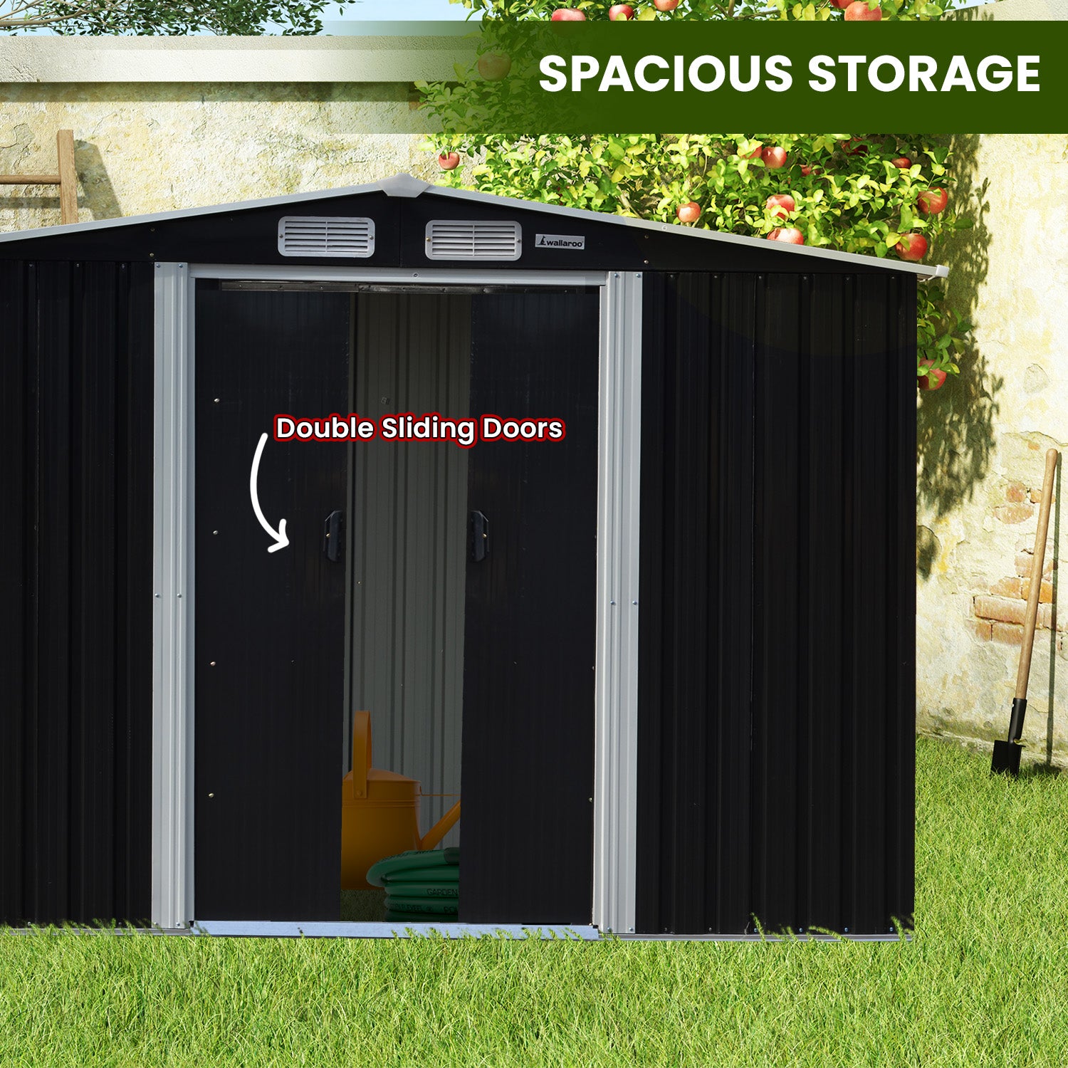 Wallaroo 6x8ft Zinc Steel Garden Shed with Open Storage - Black 6