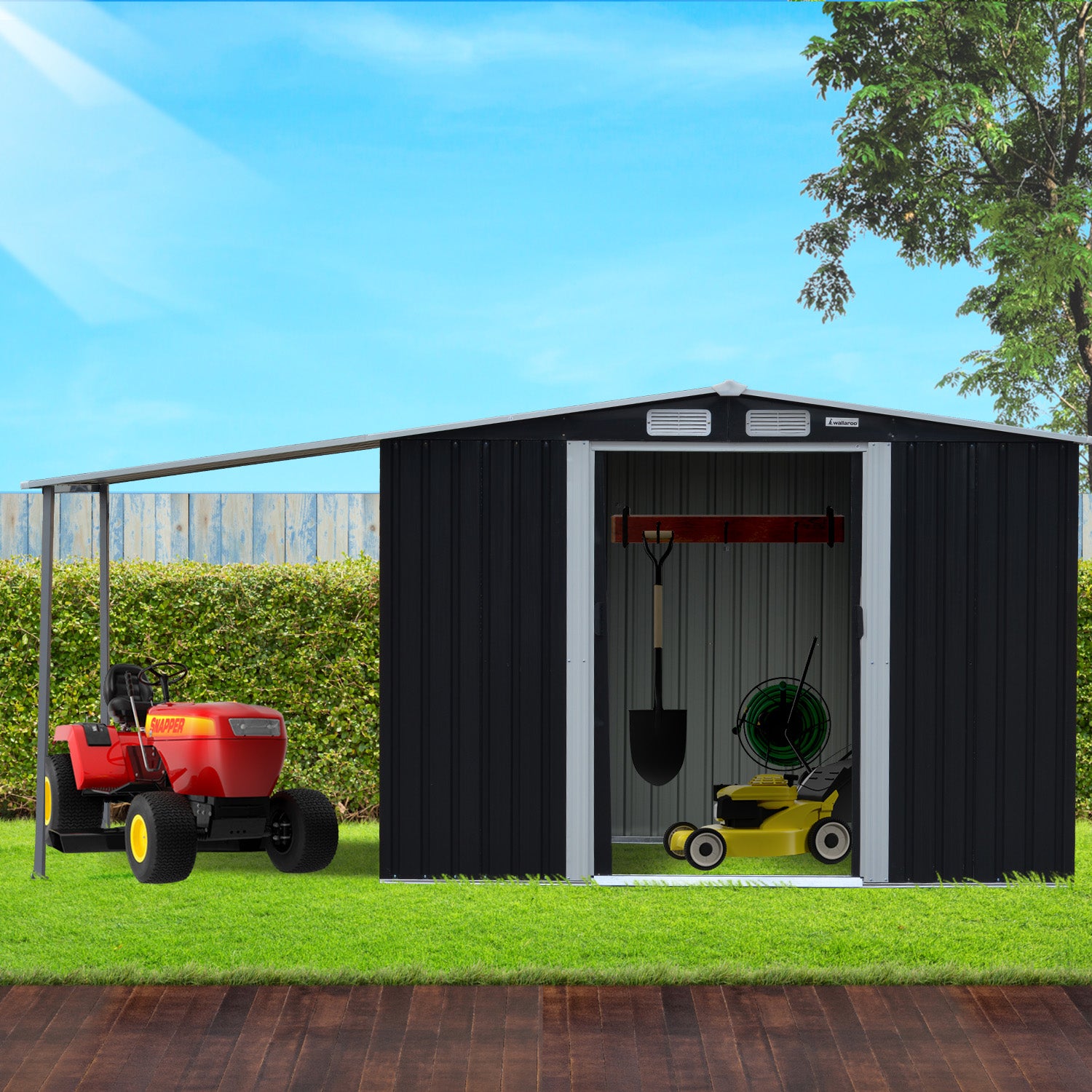 Wallaroo 6x8ft Zinc Steel Garden Shed with Open Storage - Black 10