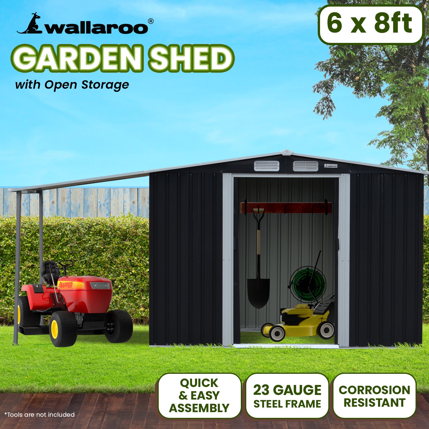Wallaroo 6x8ft Zinc Steel Garden Shed with Open Storage - Black 11