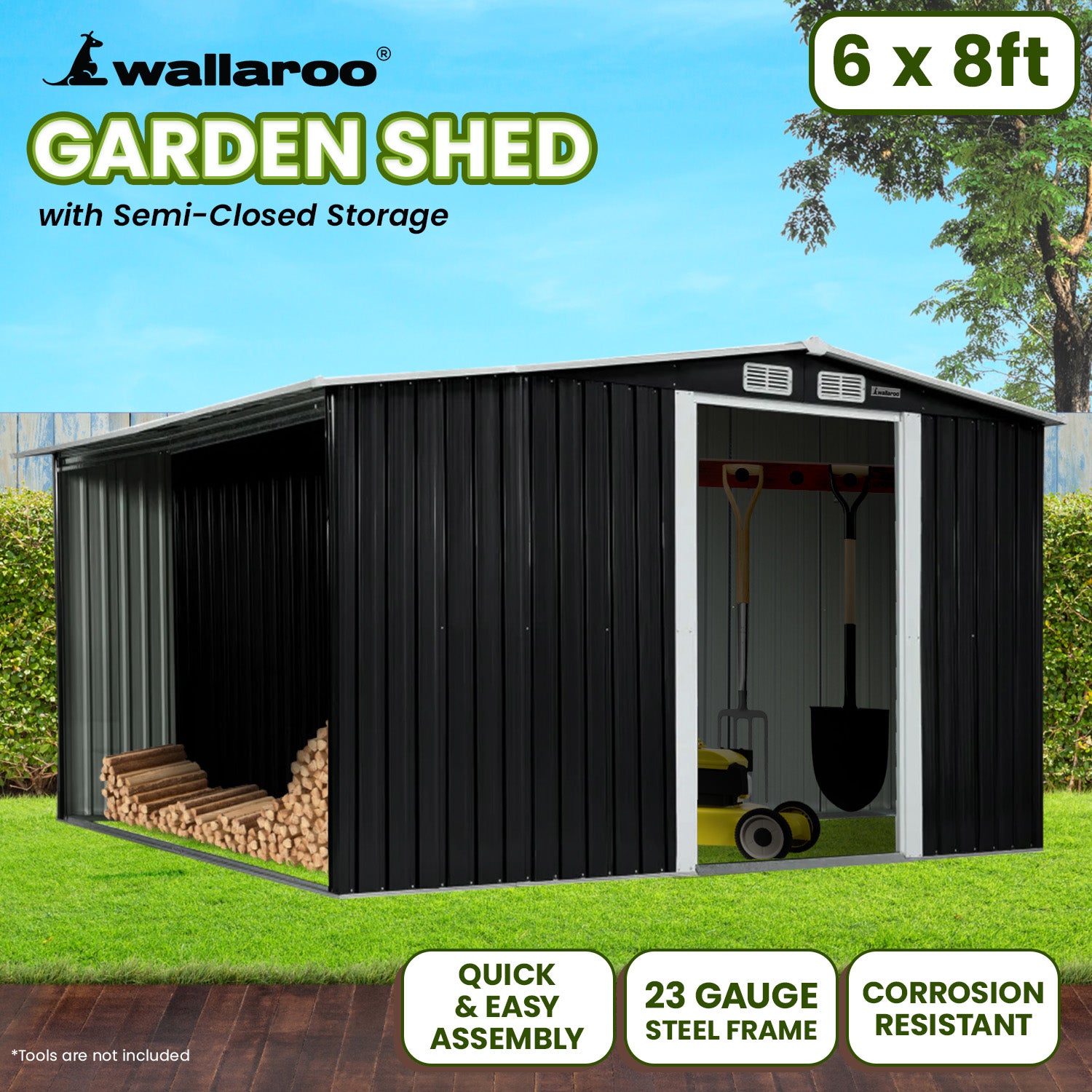 Wallaroo Garden Shed with Semi-Close Storage 6*8FT - Black 10