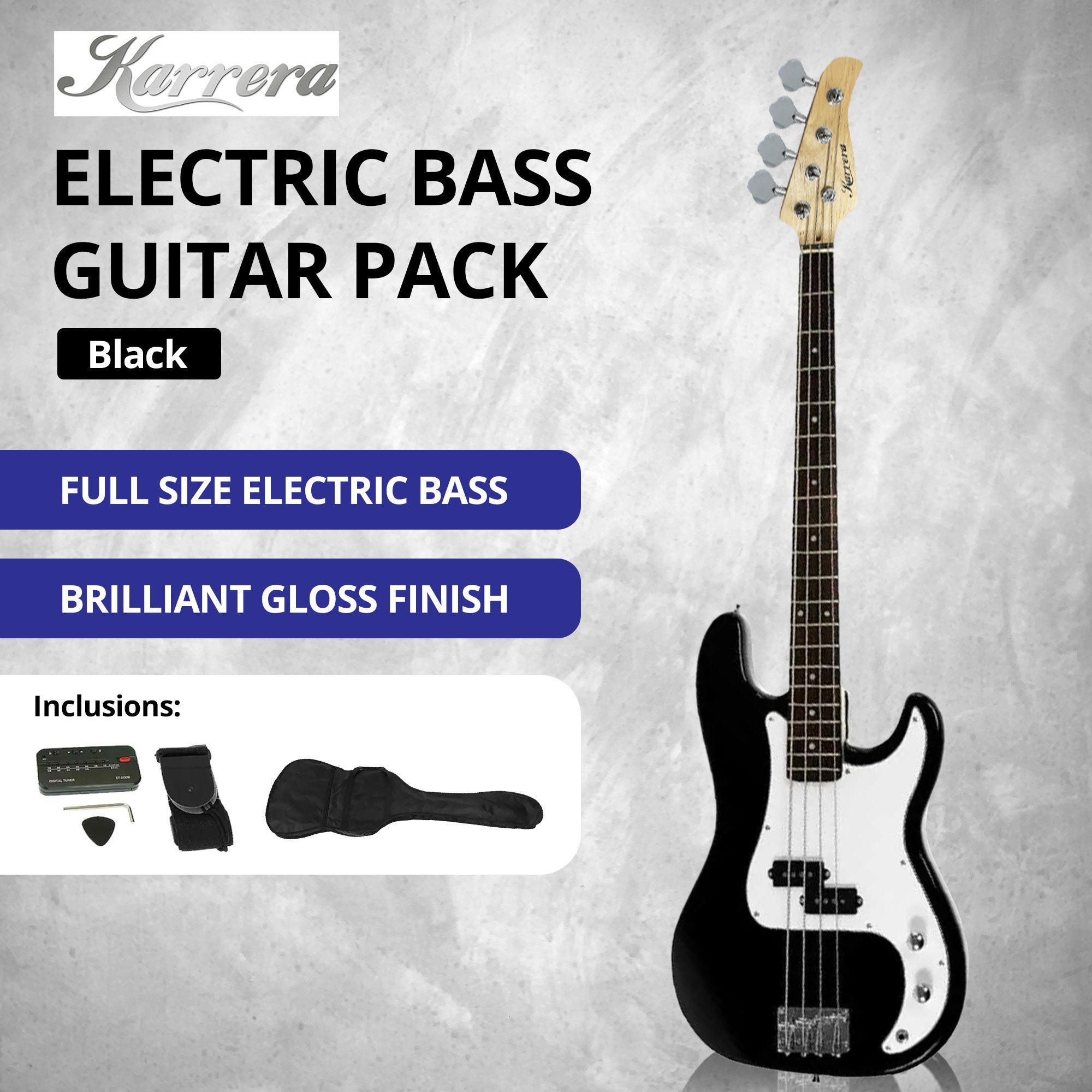 Karrera 39in Electric Guitar Bass Tuner Music 4-String Instrument Full Size Black 7