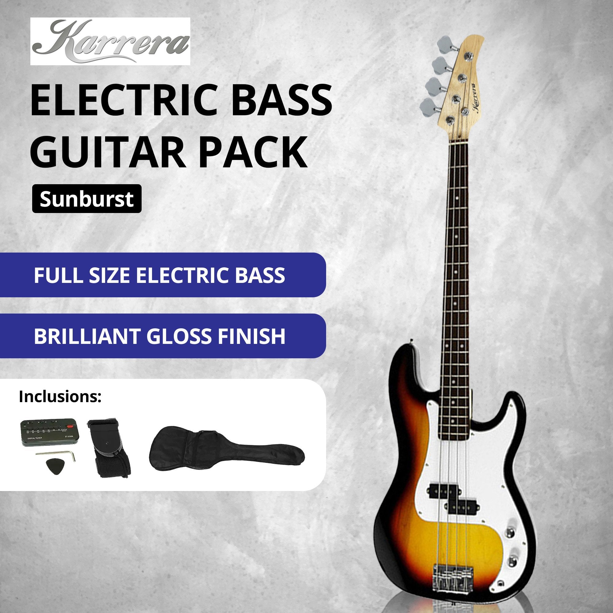 Karrera 39in Electric Guitar Bass Tuner Music 4-String Instrument Full Size Sunburst 7