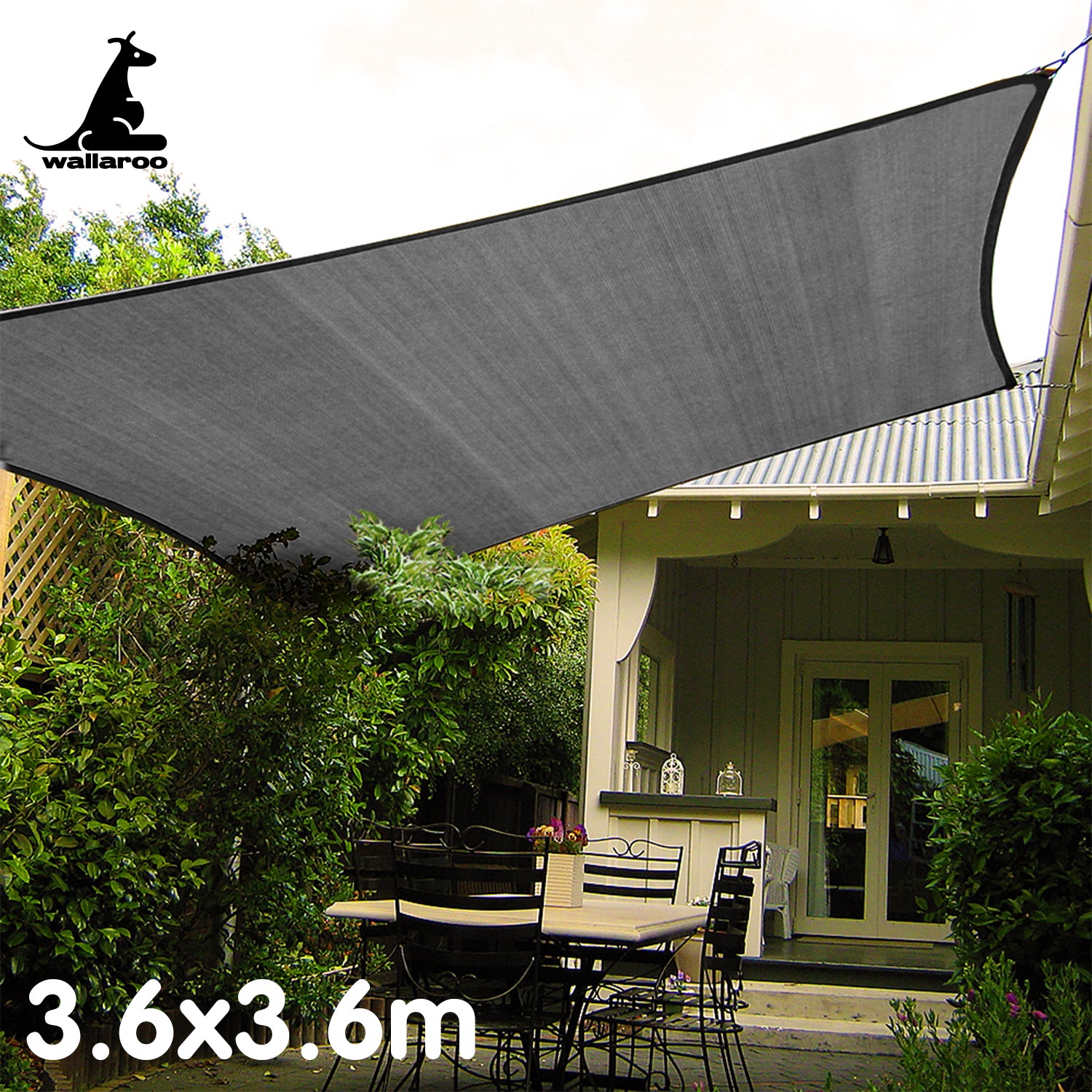 Wallaroo Outdoor Sun Shade Sail Canopy Grey Square 3.6 x 3.6M 6