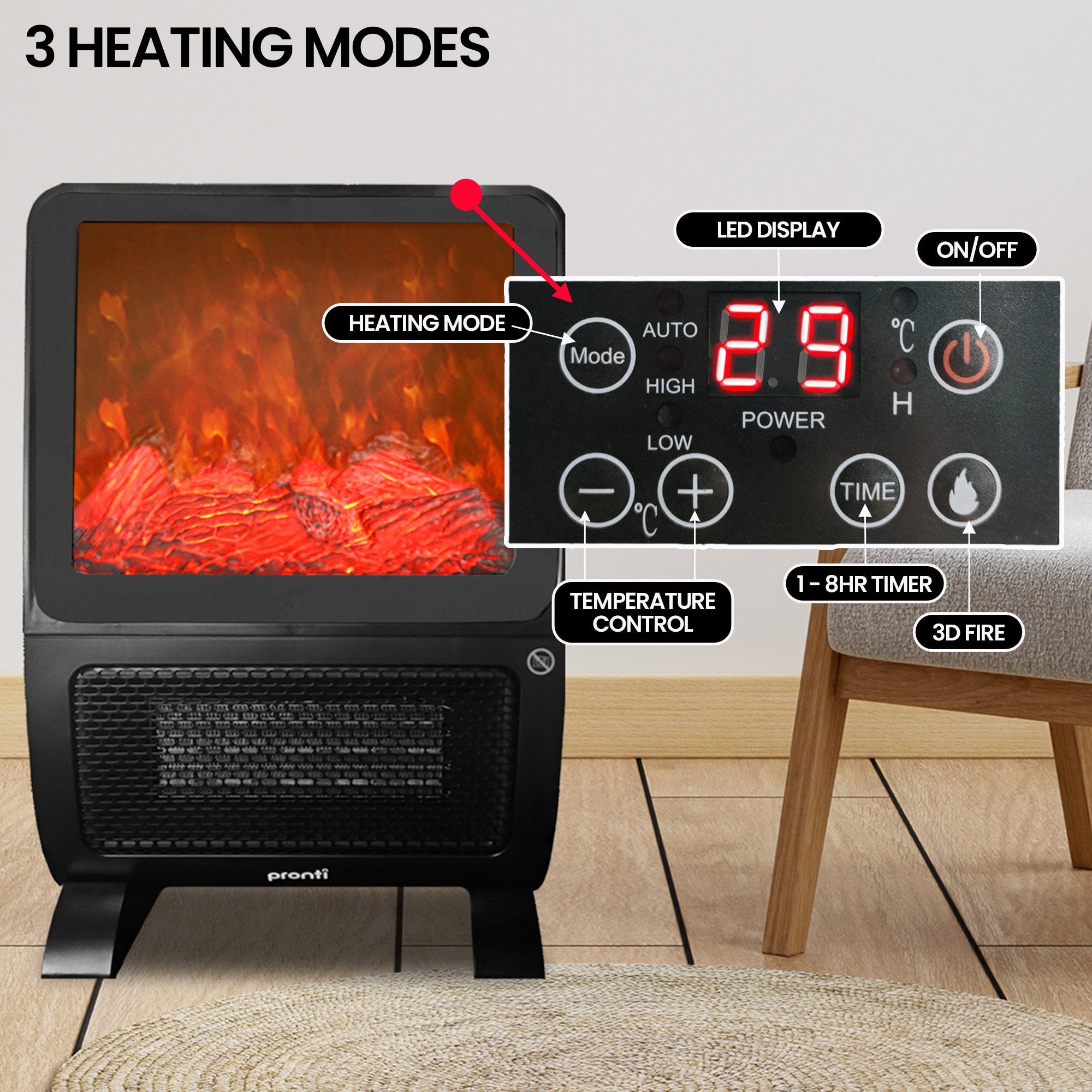 Pronti 2000W 3D Fire PTC Electric Portable Room Heater 6