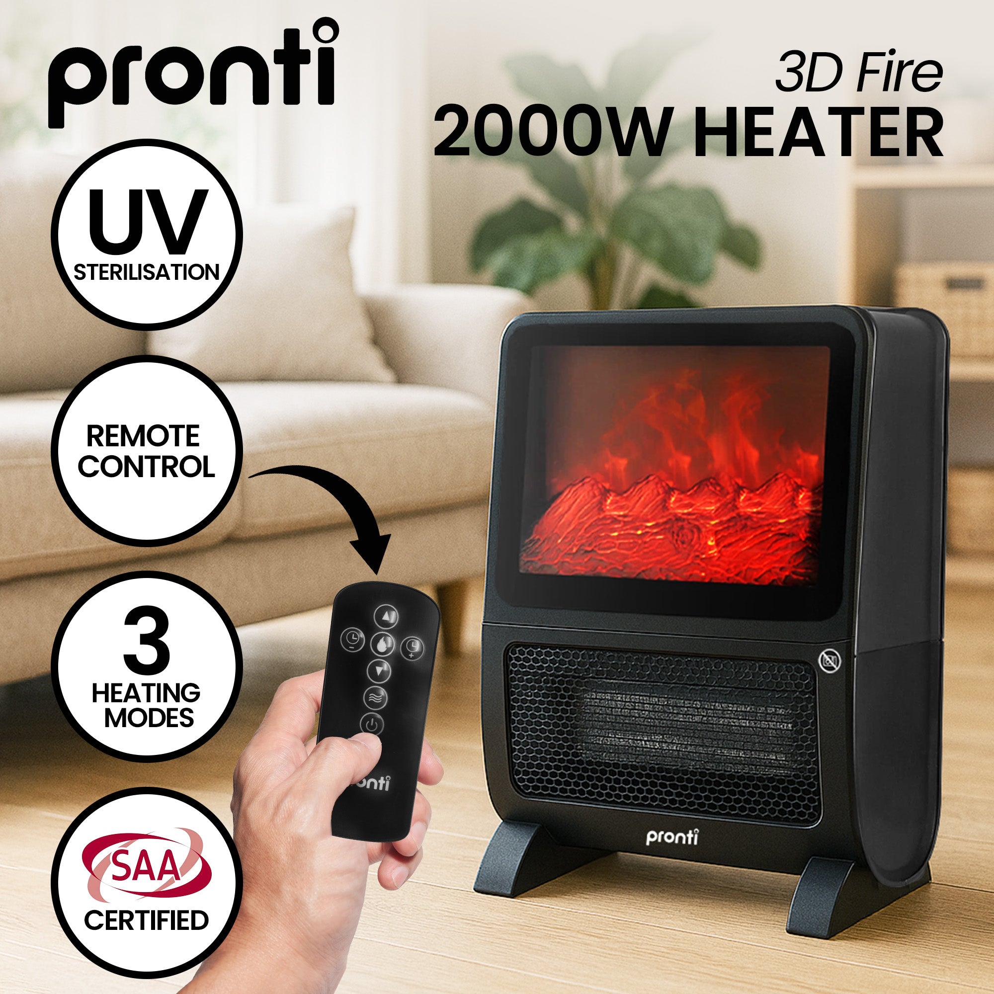 Pronti 2000W 3D Fire PTC Electric Portable Room Heater 11