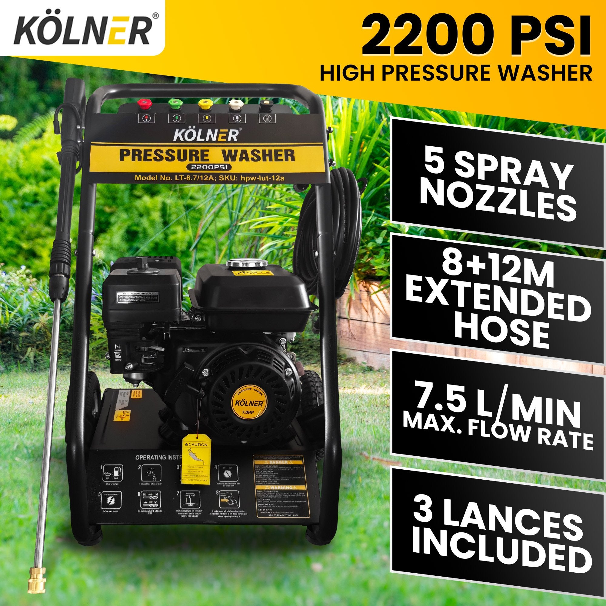 Kolner Lt-12a 7hp 2200psi Petrol Engine High Pressure Washer 7.5lpm 11