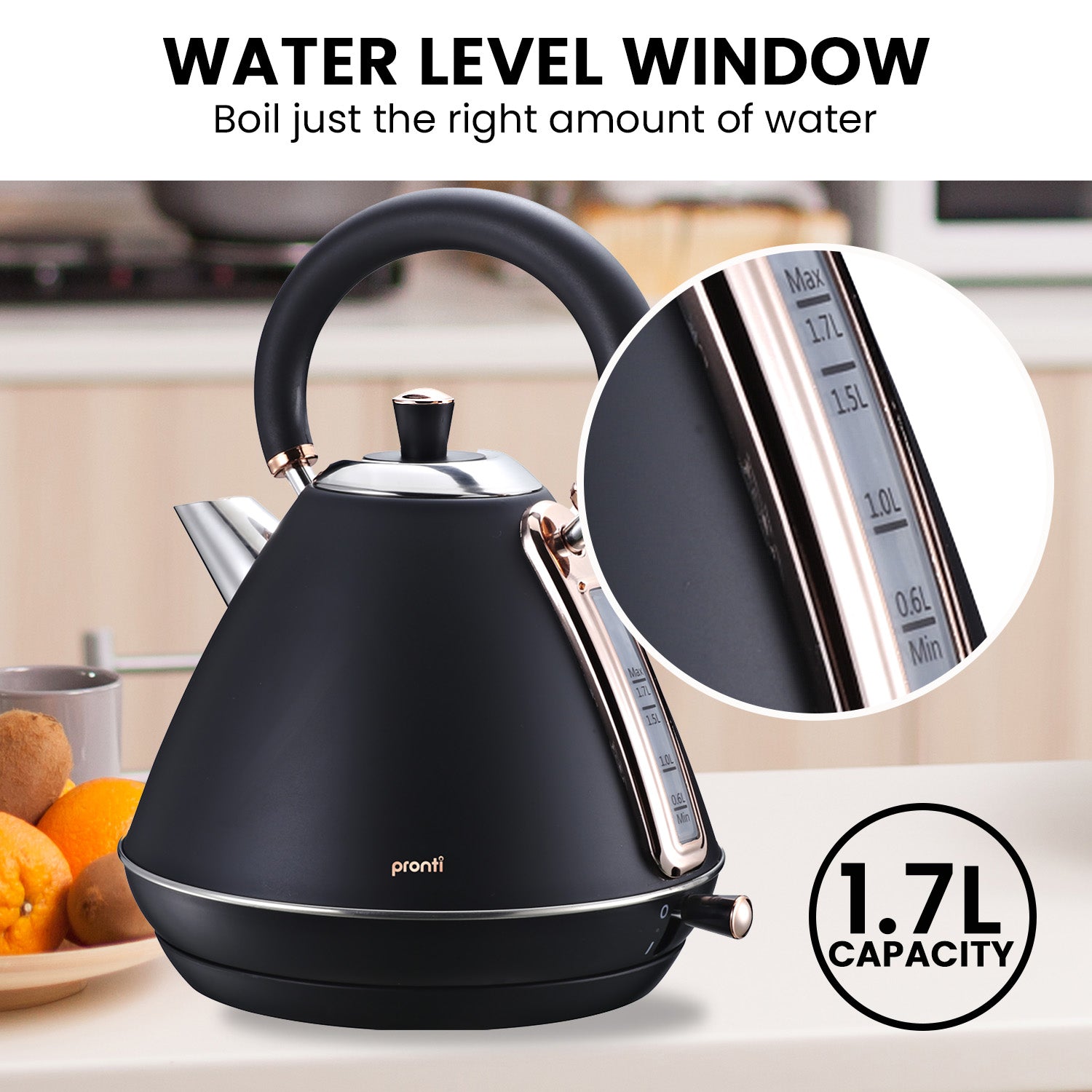 Pronti 1.7L Rose Trim Collection Kettle - Black 7