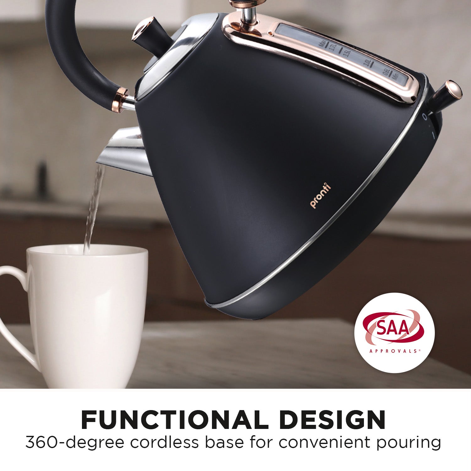 Pronti 1.7L Rose Trim Collection Kettle - Black 8