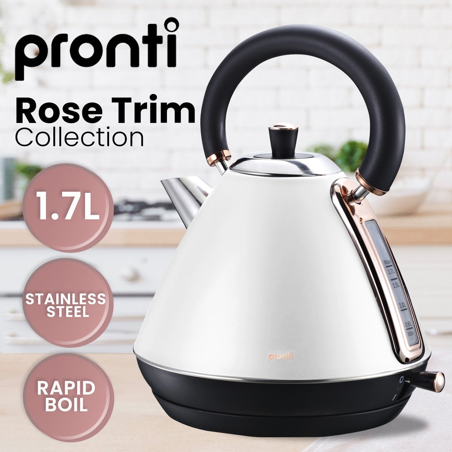 Pronti 1.7l Rose Trim Collection Kettle - White 11