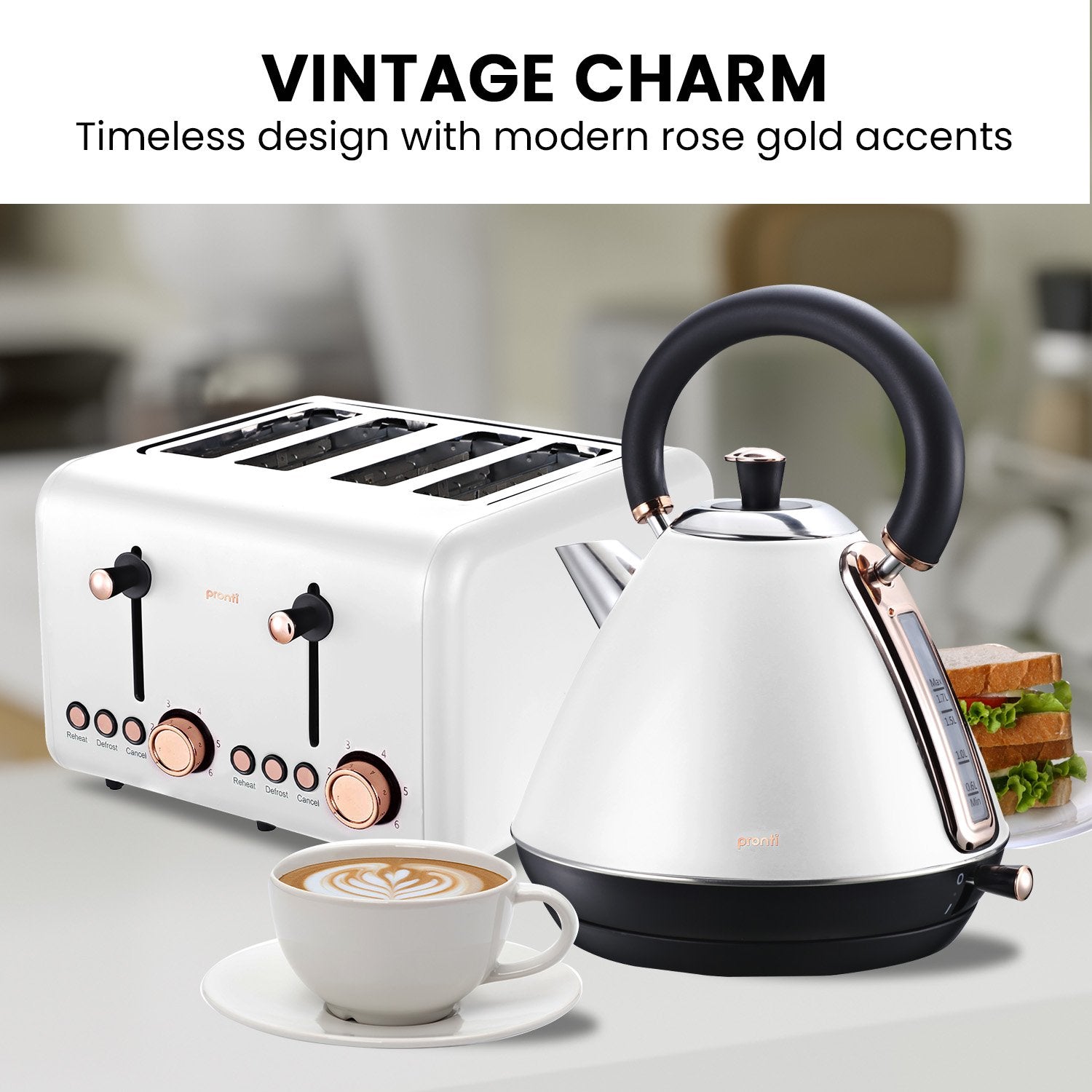 Pronti Rose Trim Collection Toaster & Kettle Bundle - White 5