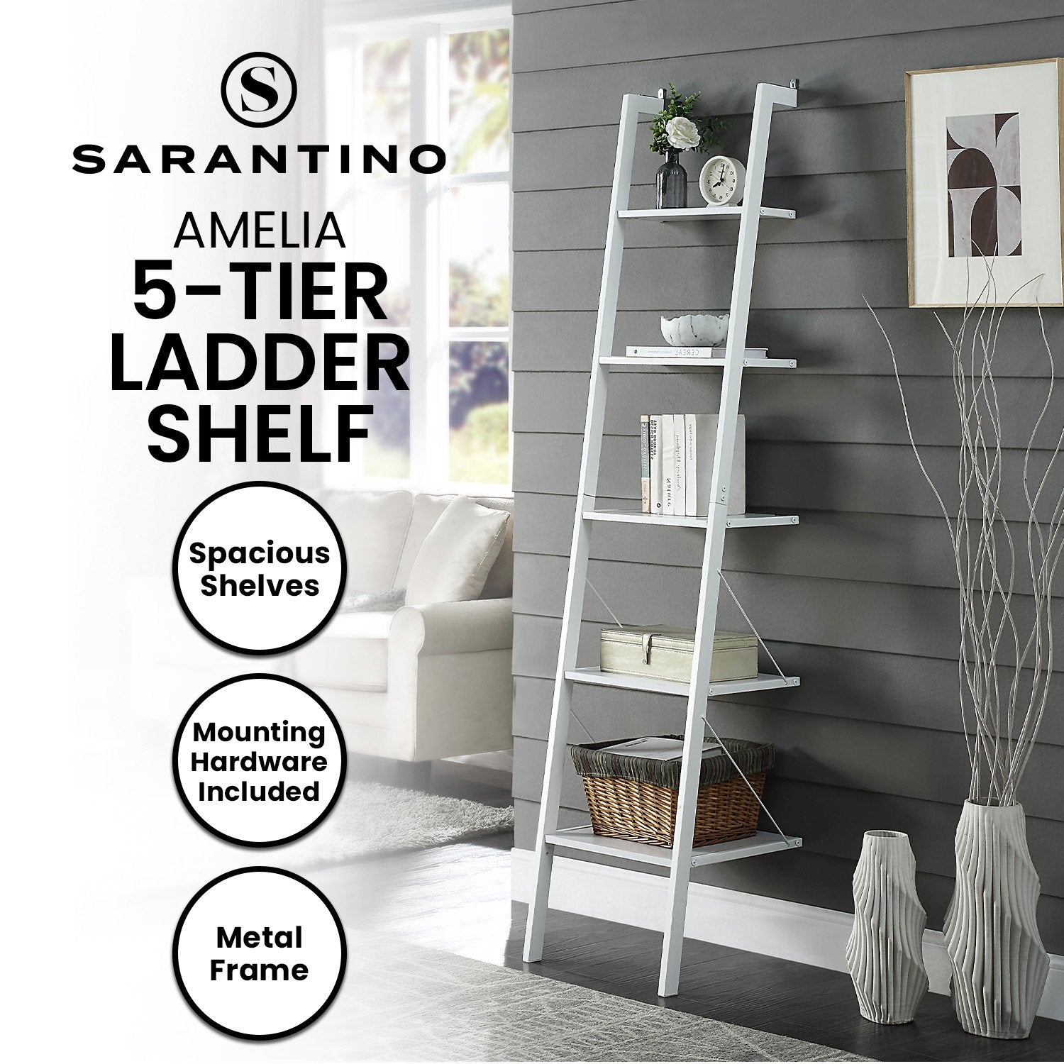 Sarantino Amelia 5-Tier Ladder Shelf in White 11