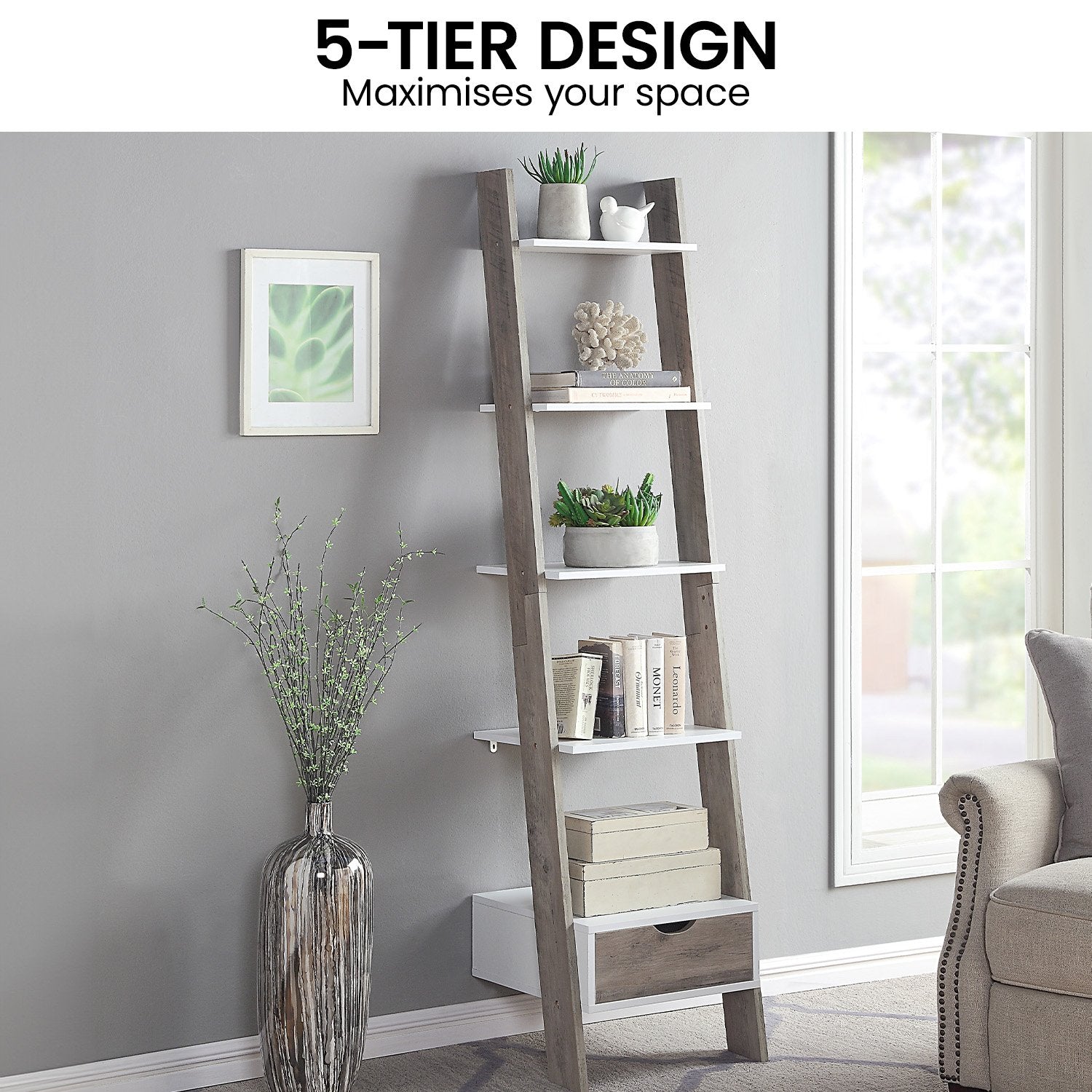 Sarantino Mira 5-tier Ladder Shelf In White And Grey Oak 9