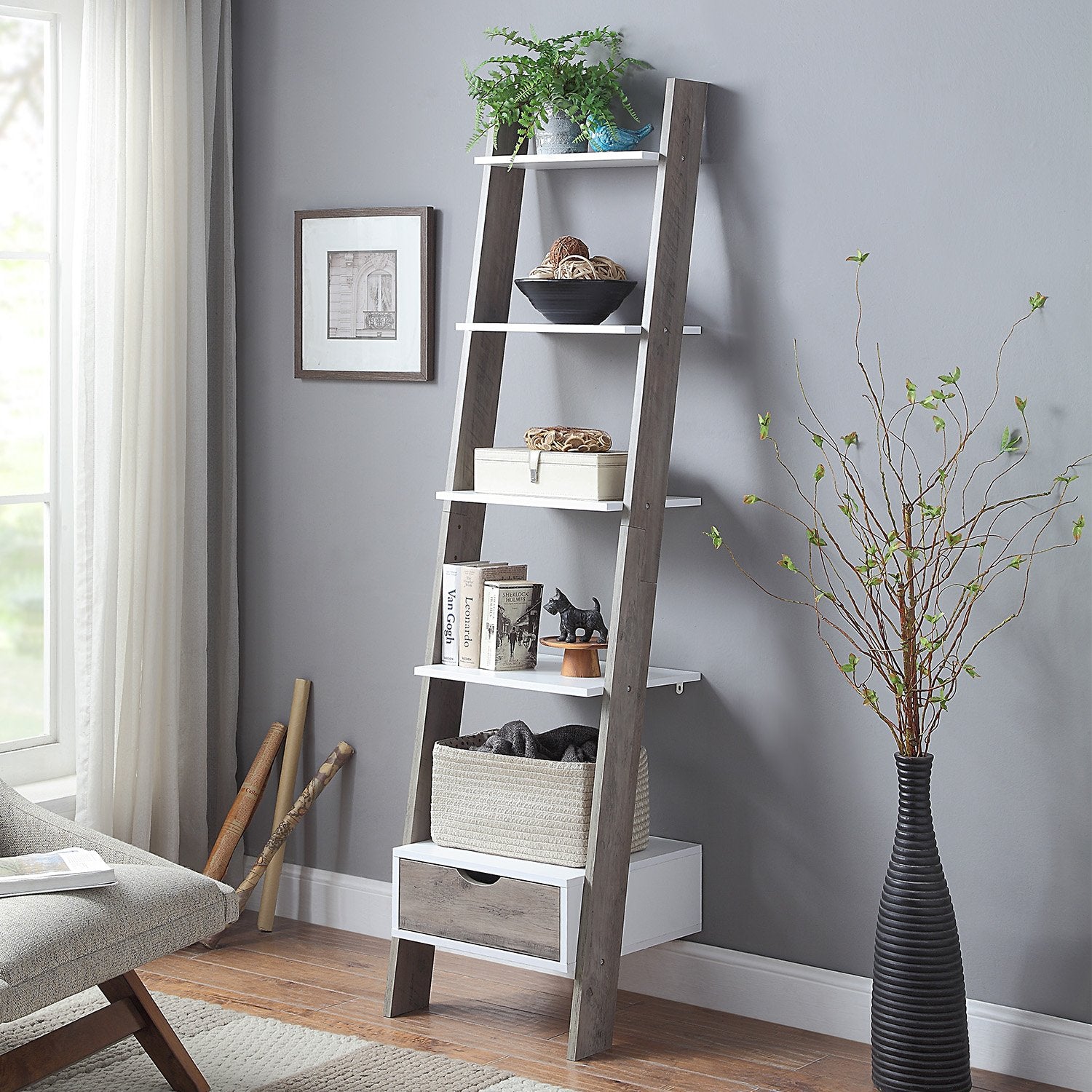 Sarantino Mira 5-tier Ladder Shelf In White And Grey Oak 10