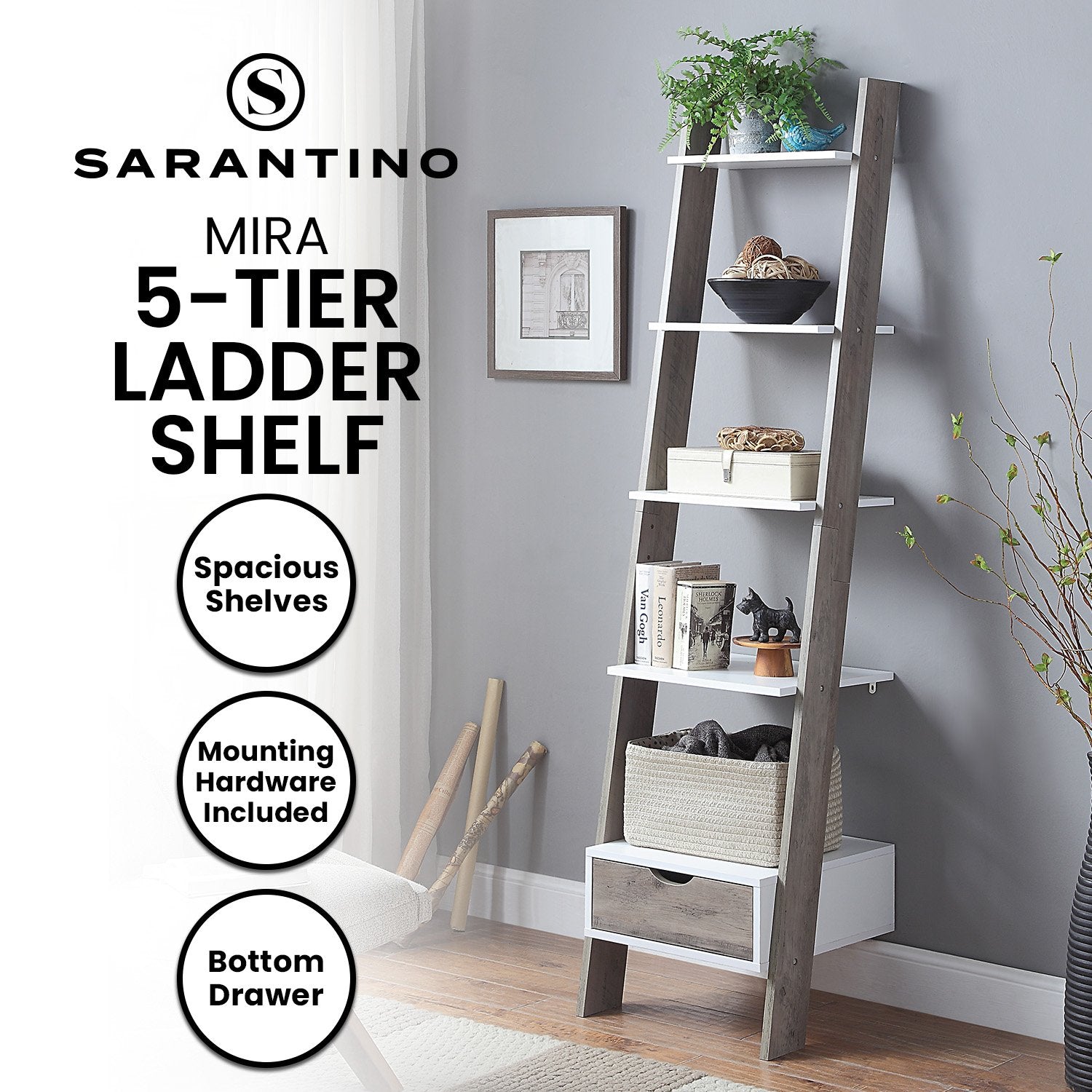 Sarantino Mira 5-tier Ladder Shelf In White And Grey Oak 11