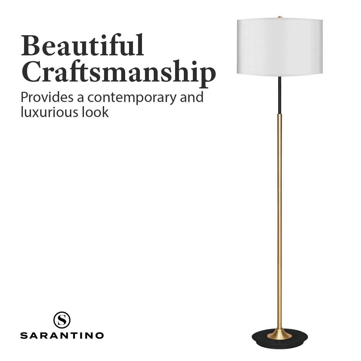 Sarantino Metal Floor Lamp Brushed Brass Finish with White Shade 6