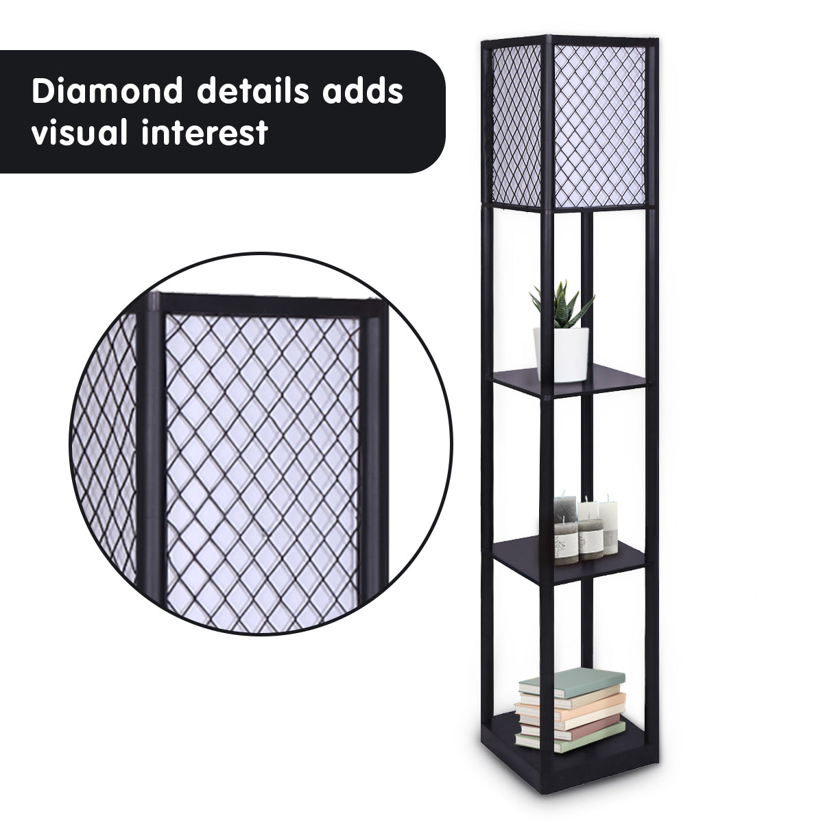 Sarantino Etagere Floor Lamp Diamond Look Fabric Shade Shelves Black 4